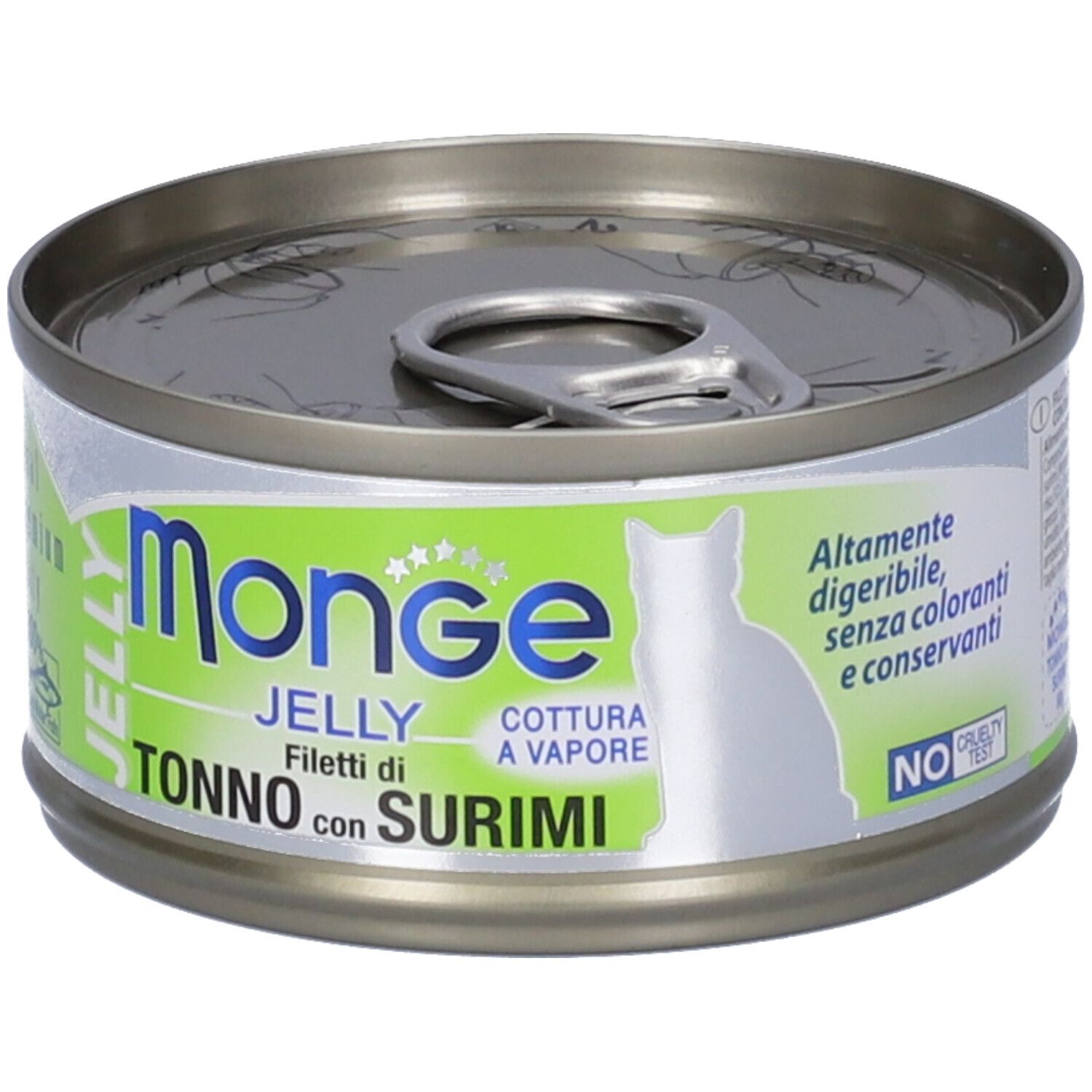Lattina di cibo per gatti. Etichetta verde e bianca con "Monge Jelly" e "Tonno con Surimi". Immagine di un gatto. "NO CRUELTY TEST".