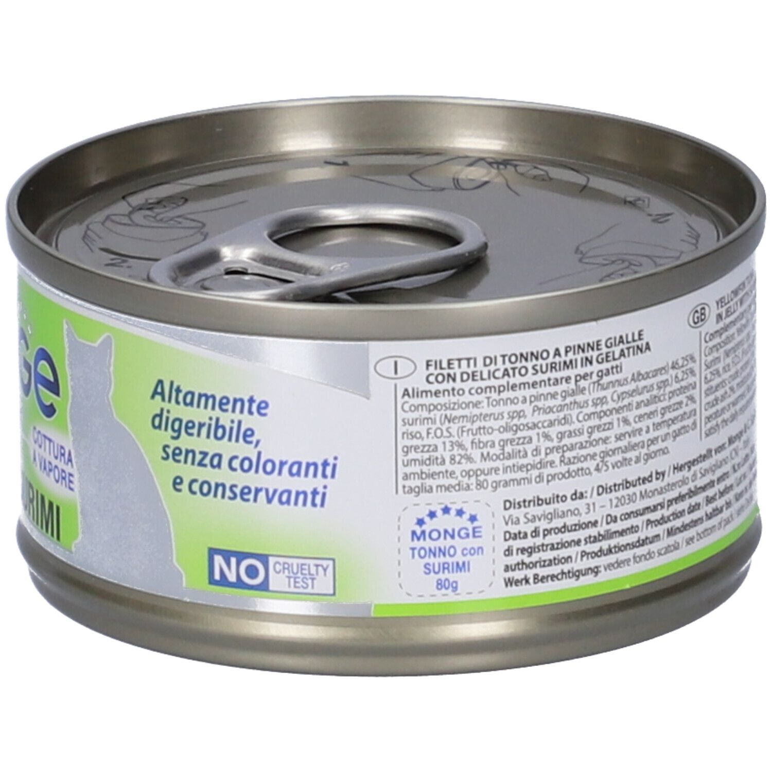 Lattina di cibo per gatti. Etichetta con informazioni e "NO CRUELTY TEST". Testo in tedesco e italiano. Peso netto "80g".