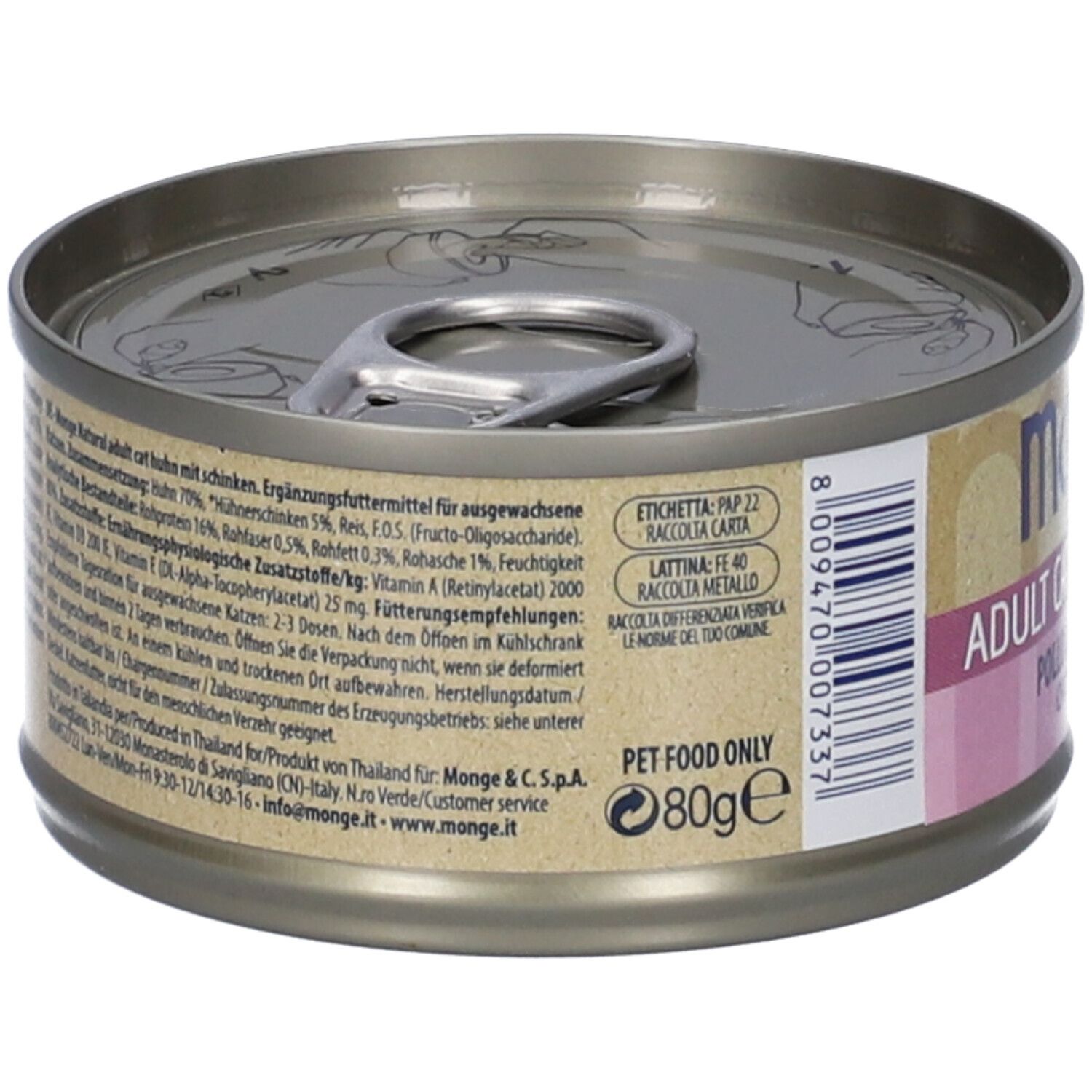 Lattina con testo. Monge Natural Adult cat con prosciutto. 80g. Retro con ingredienti e codice a barre. Coperchio con linguetta.