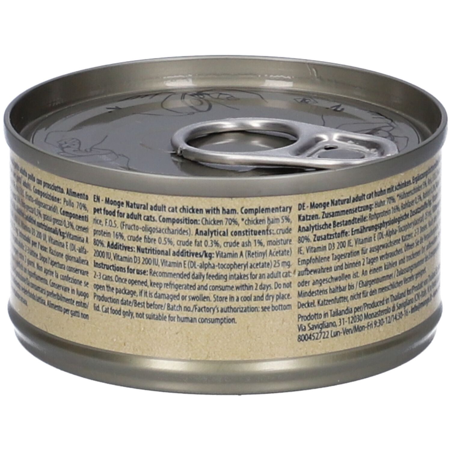 Lattina con testo. Monge Natural Adult cat con prosciutto. Ingredienti. Coperchio con linguetta. 80g. Retro con testo.