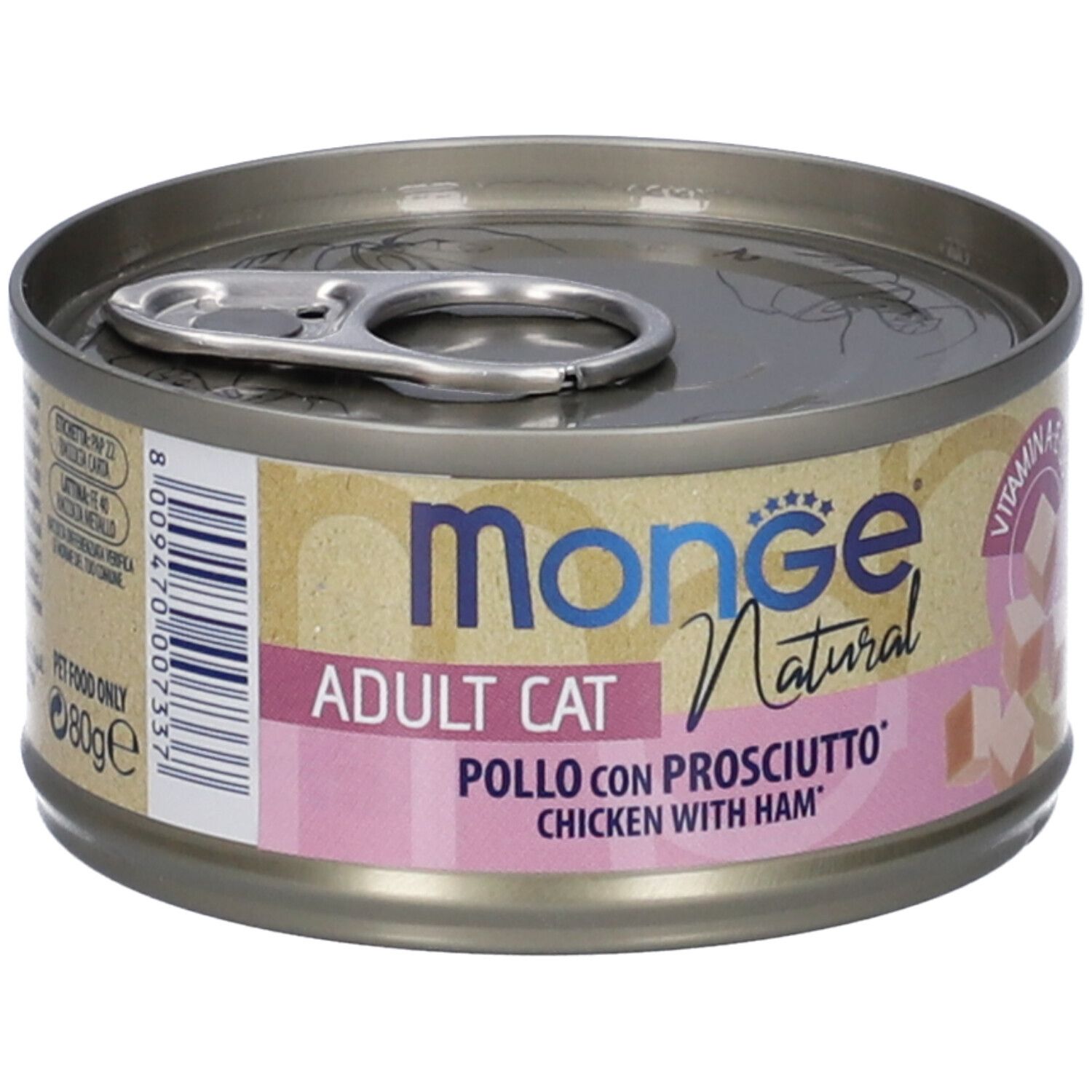Lattina rotonda con testo. Monge Natural, Adult Cat, Pollo con Prosciutto, Chicken with Ham. Etichetta rosa. Coperchio con linguetta.