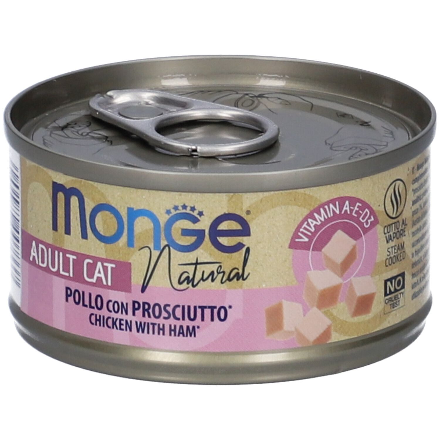 Lattina rotonda con testo. Monge Natural, Adult Cat, Pollo con Prosciutto, Chicken with Ham. Etichetta rosa. Coperchio con linguetta.