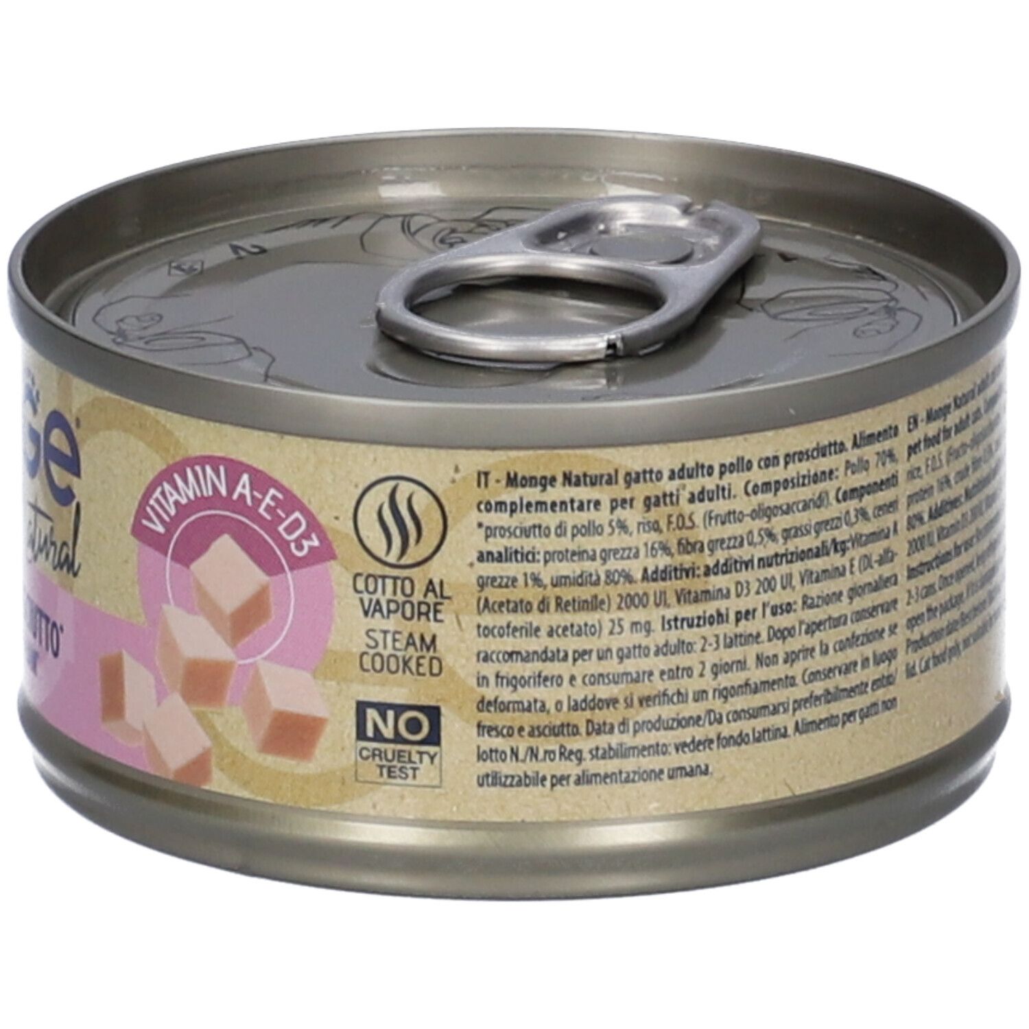 Lattina con testo. Monge Natural Adult cat con prosciutto. Ingredienti. Coperchio con linguetta. 80g. Cotto a vapore.