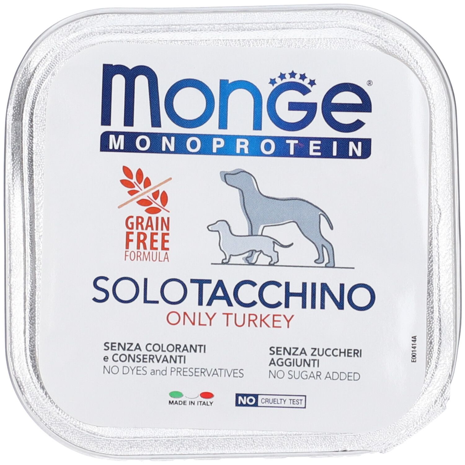 Monge Monoproteico, cibo per cani. Scritta: Grain Free Formula, Solo Tacchino, Only Turkey. Senza coloranti e zuccheri.