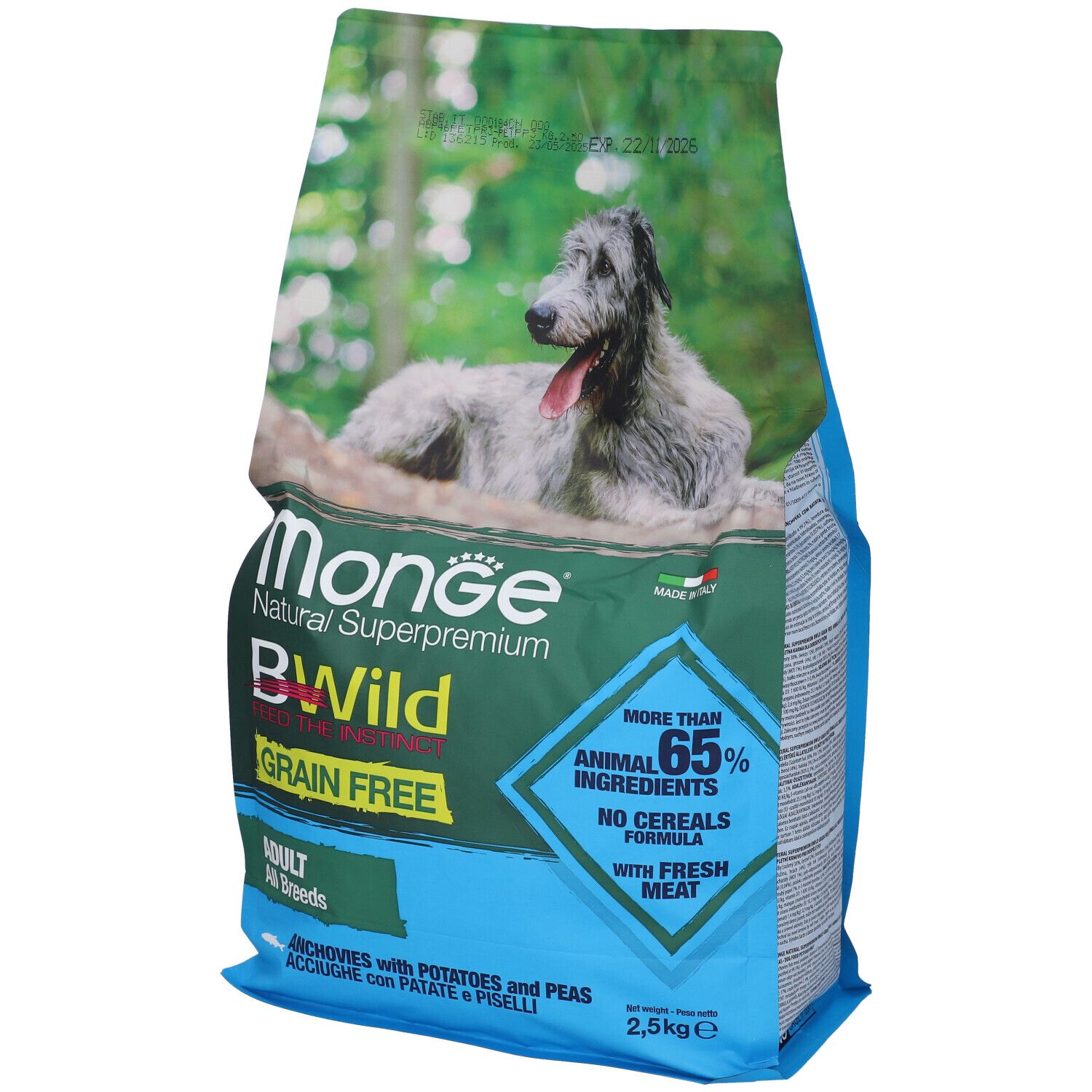 Sacchetto di cibo per cani con stampa. Marchio Monge, varietà BWild, senza cereali. Contiene più del 65% di ingredienti animali.