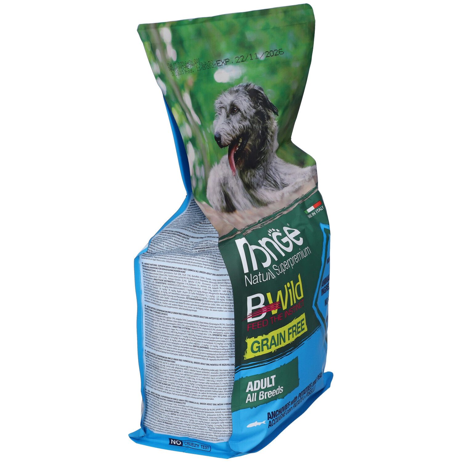 Sacchetto di cibo per cani, vista laterale. Marchio Monge, varietà BWild, senza cereali. Stampa con cane e informazioni sul prodotto.
