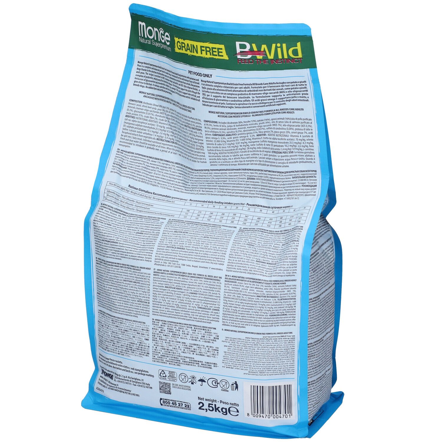 Retro del sacchetto di cibo per cani. Informazioni testuali su ingredienti e valori nutrizionali. Marchio Monge, varietà BWild, 2,5 kg.