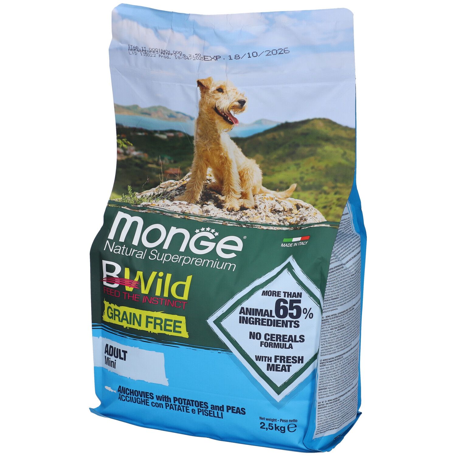 Monge BWild Grain Free per Cani Adulti Taglia Mini con Acciughe Patate e Piselli