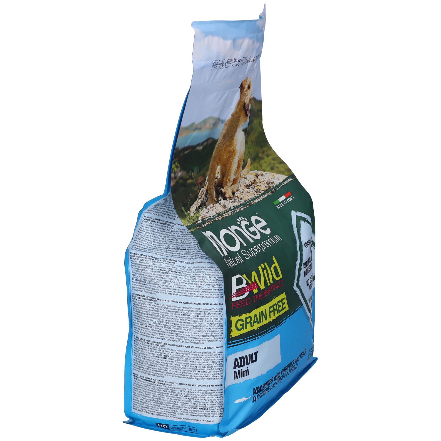 Vista laterale del sacchetto di cibo per cani Monge BWild. Scritto: Grain Free, Adult Mini. Con cane sulla montagna.