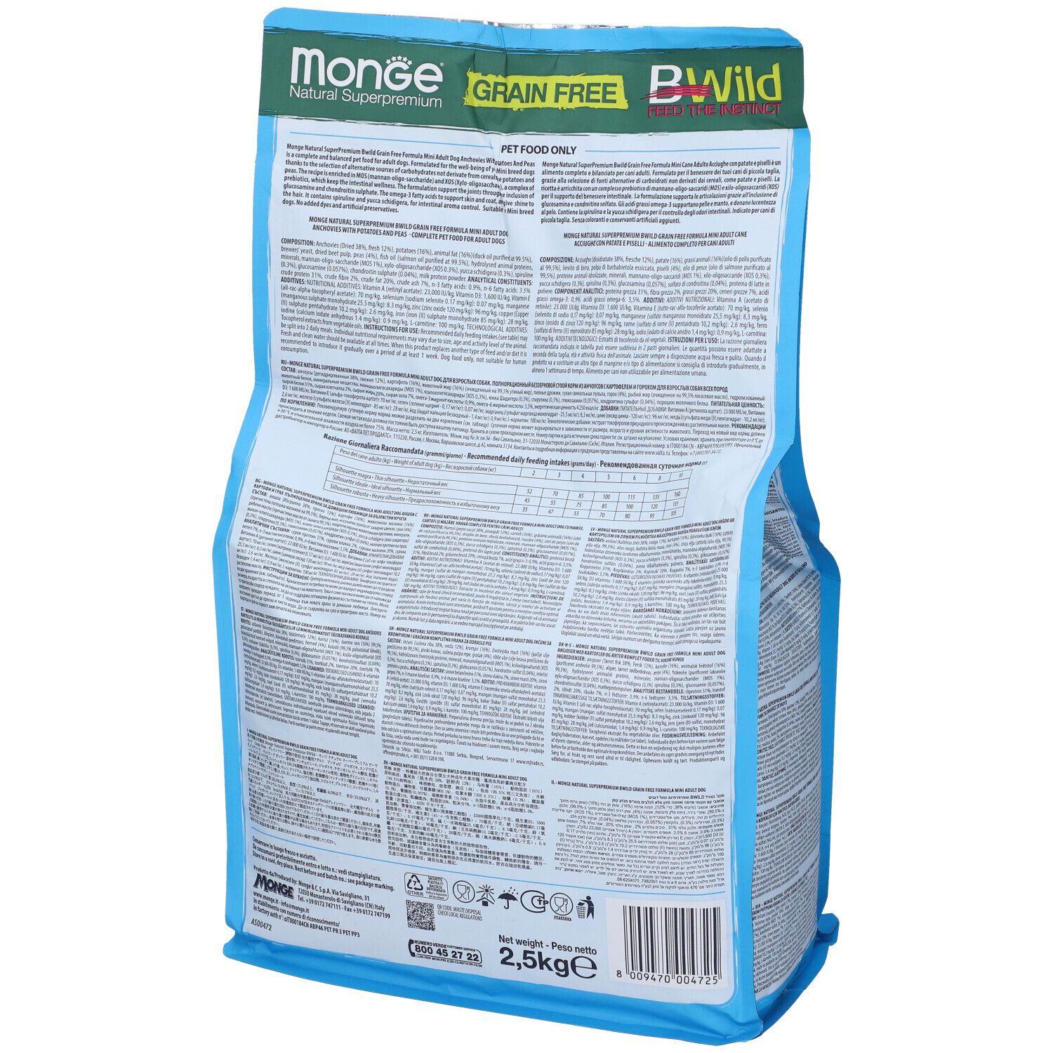 Retro del sacchetto di cibo per cani Monge BWild. Informazioni testuali e nutrizionali. Colori blu e bianco.