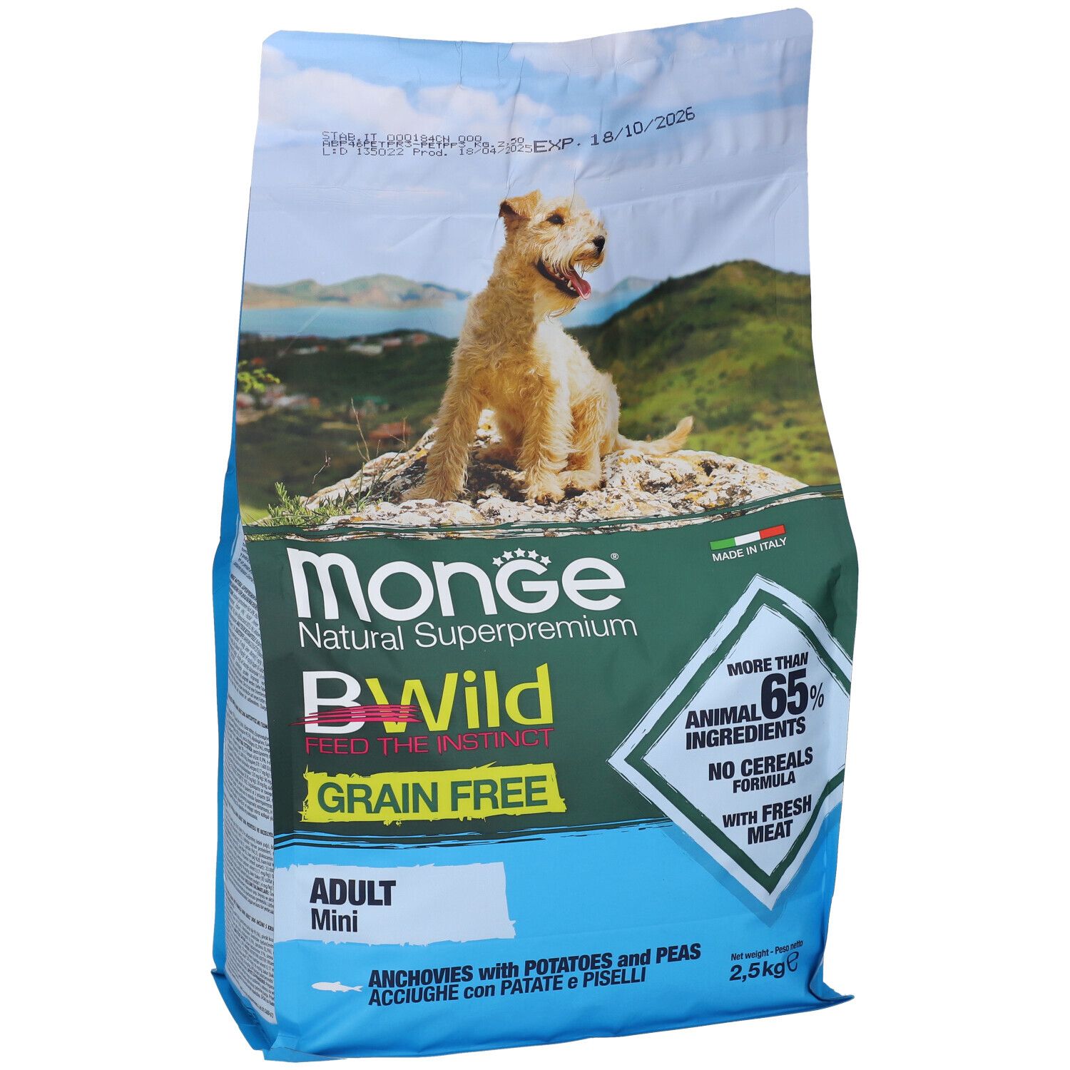 Sacchetto di cibo per cani Monge BWild. Scritto: Grain Free, Adult Mini, Anchovies with Potatoes and Peas. 2,5 kg.