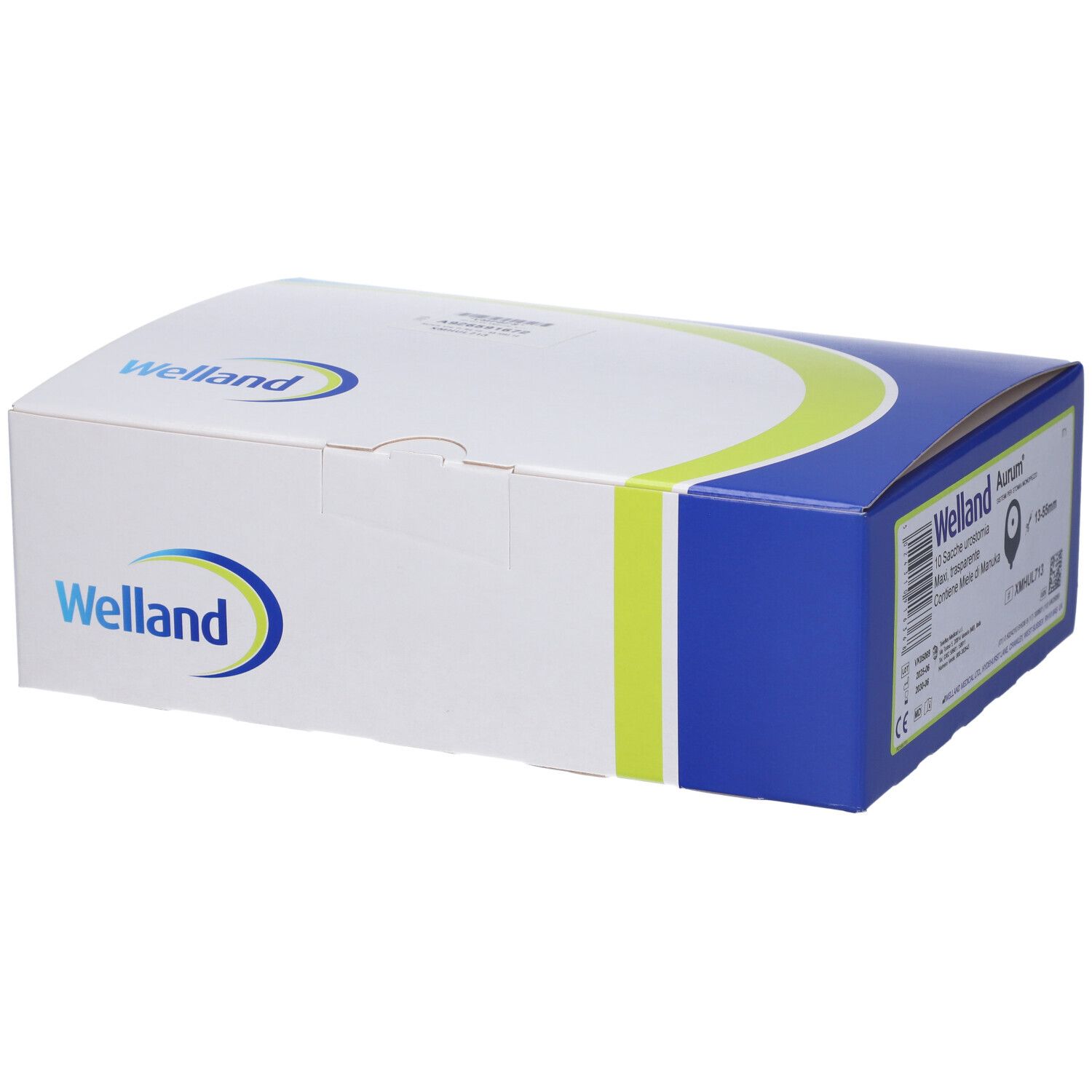 Confezione Welland. Scatola bianca con design blu e verde. Logo Welland.