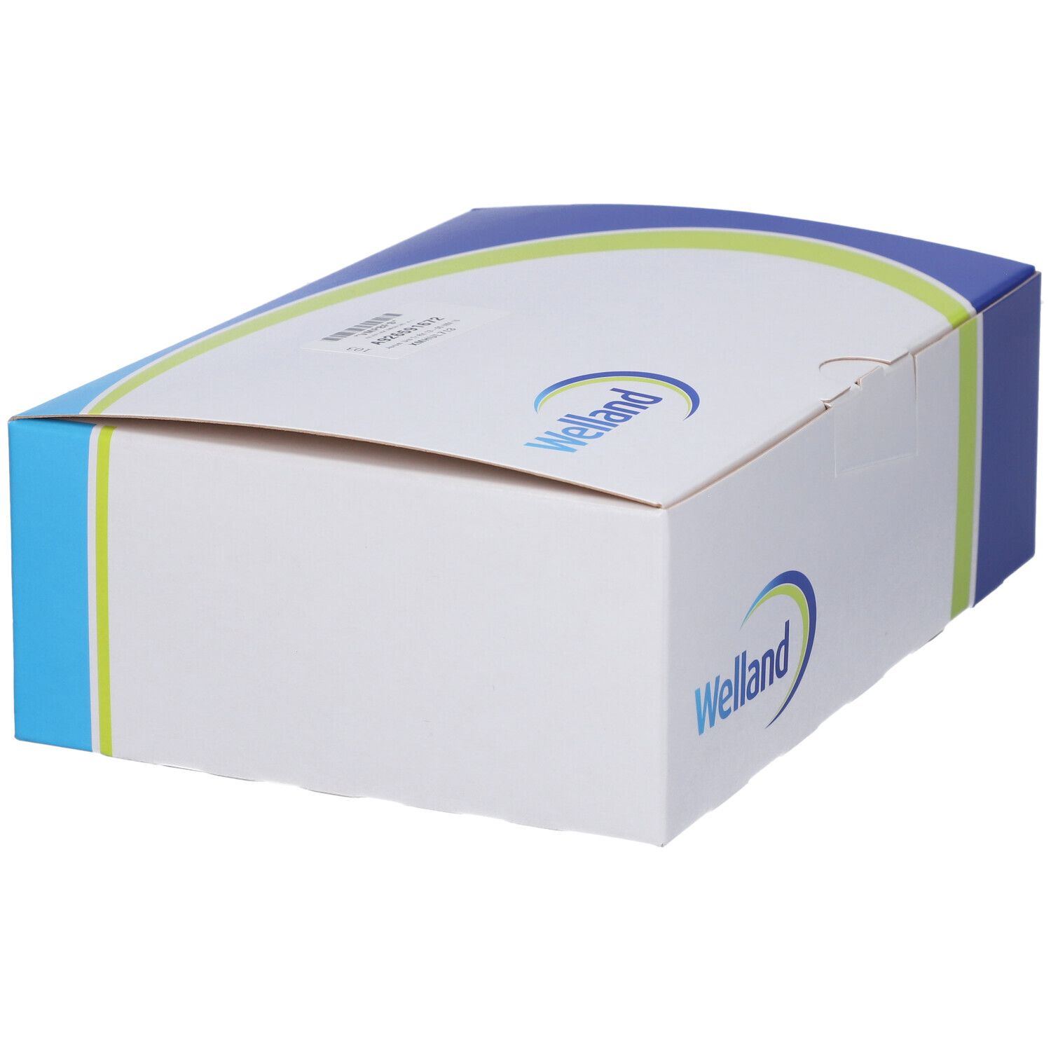 Confezione Welland. Scatola bianca con design blu e verde. Logo Welland.
