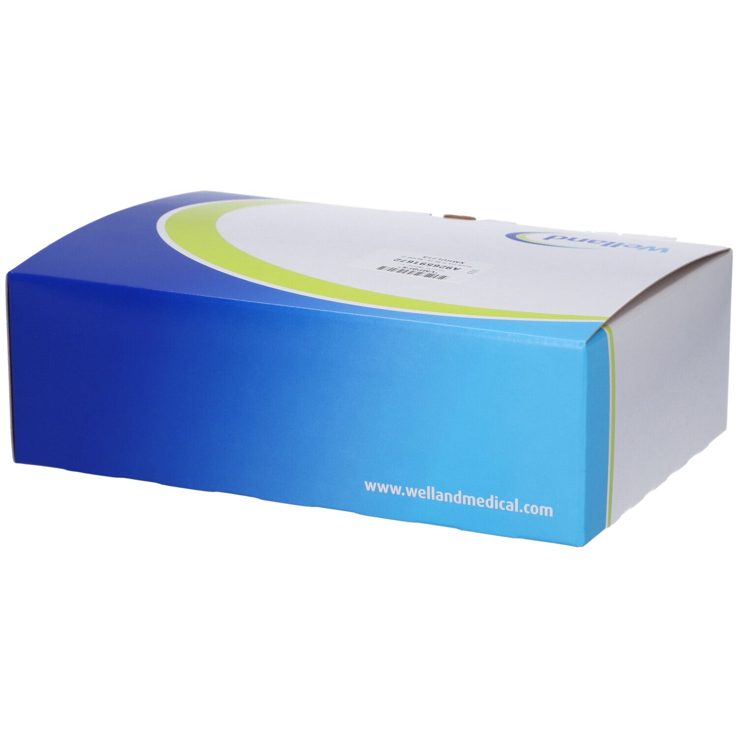 Confezione Welland. Scatola bianca con design blu e verde. Logo Welland e indirizzo web.
