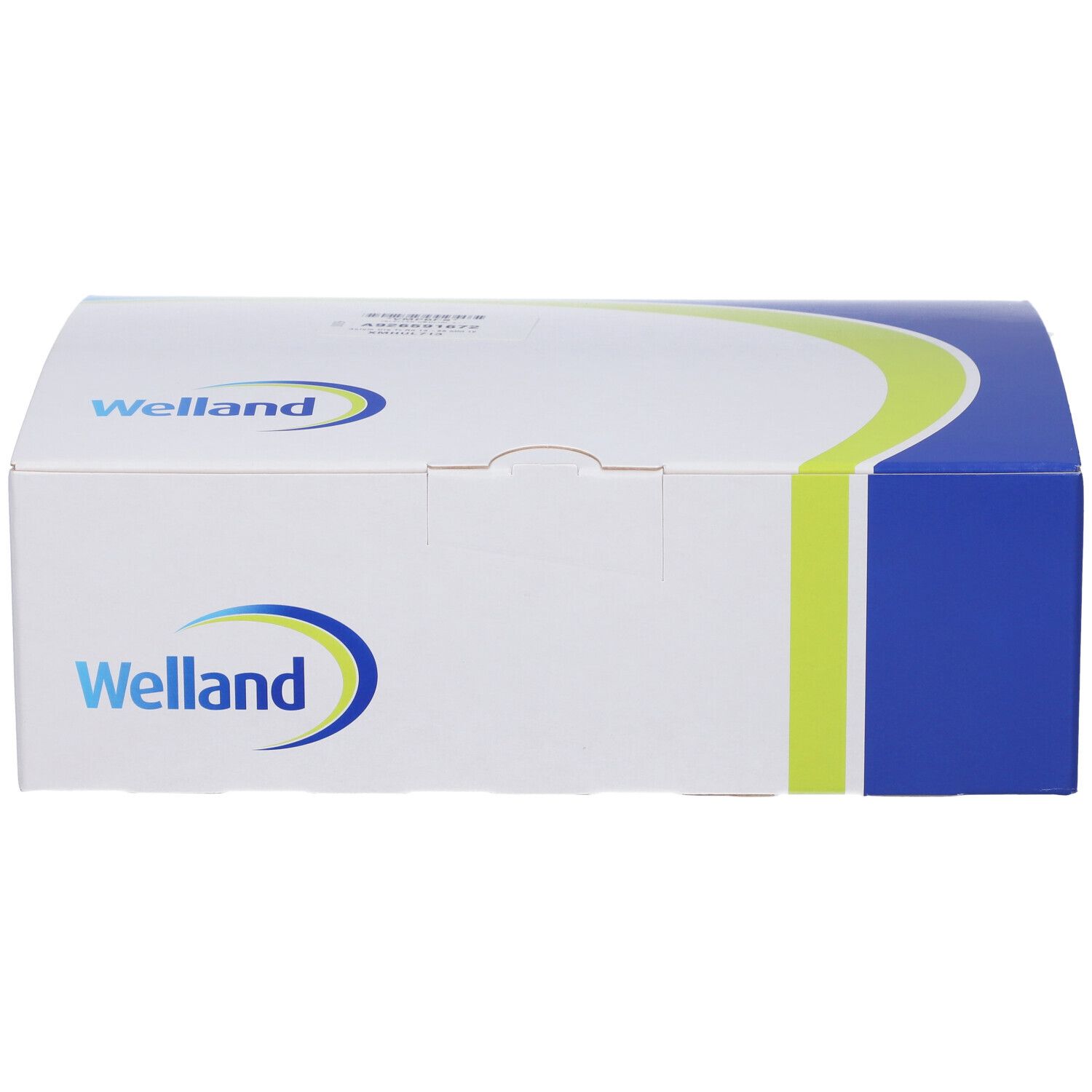 Confezione Welland. Scatola bianca con design blu e verde. Logo Welland.