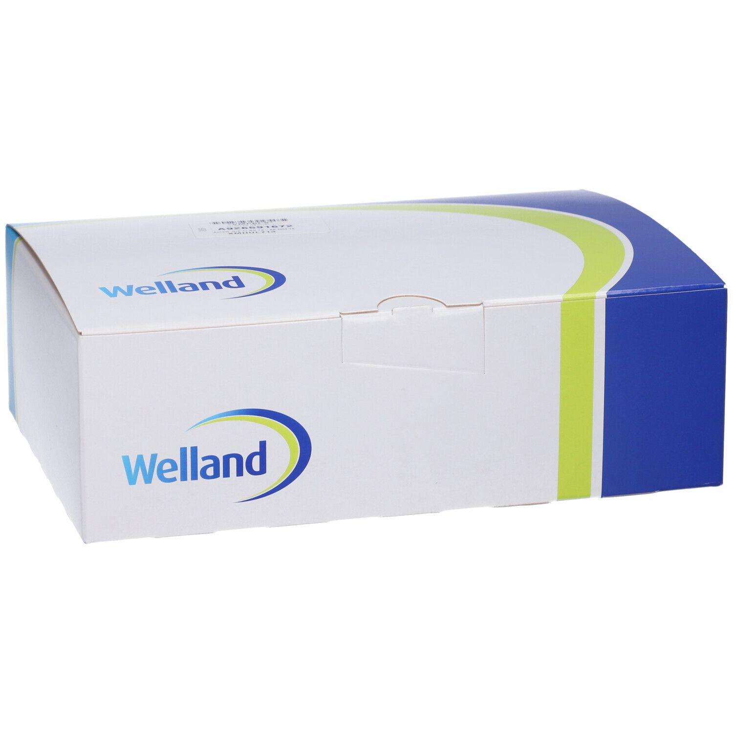 Confezione Welland. Scatola bianca con design blu e verde. Logo Welland.