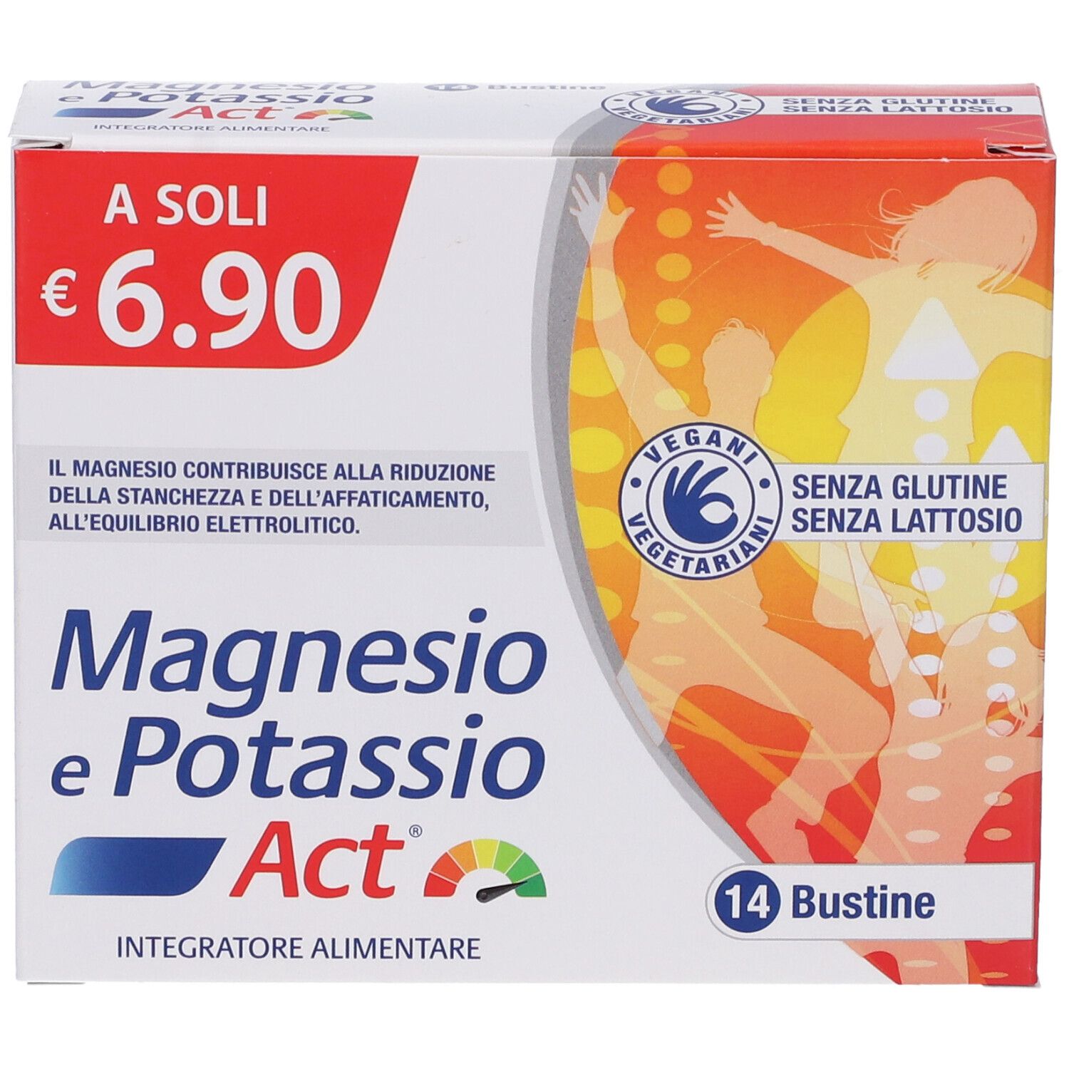 Scatola Magnesio e Potassio Act. Contiene 14 bustine. Scritto: €6.90, vegano, senza glutine, senza lattosio.