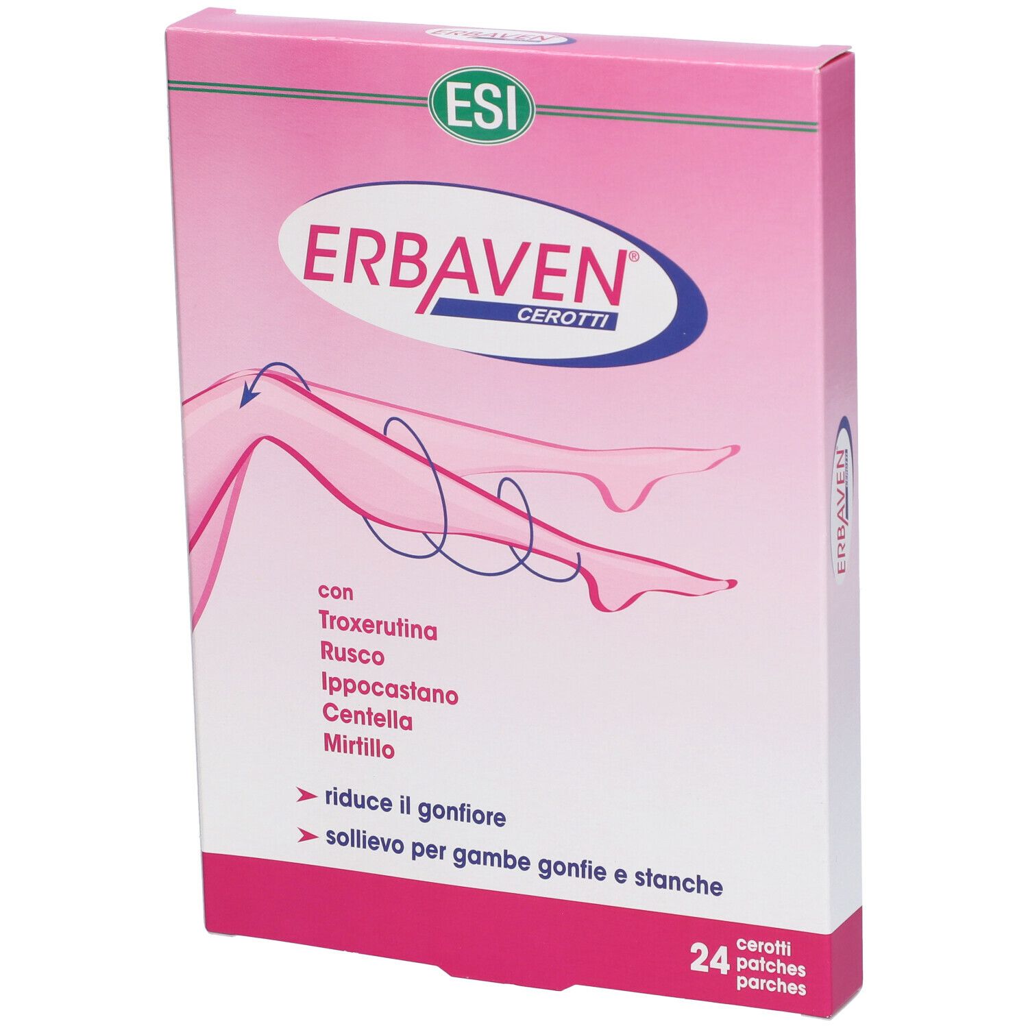 Scatola rosa con nome prodotto e illustrazione gambe. Contiene: Troxerutina, Ippocastano, Mirtillo. 24 cerotti.