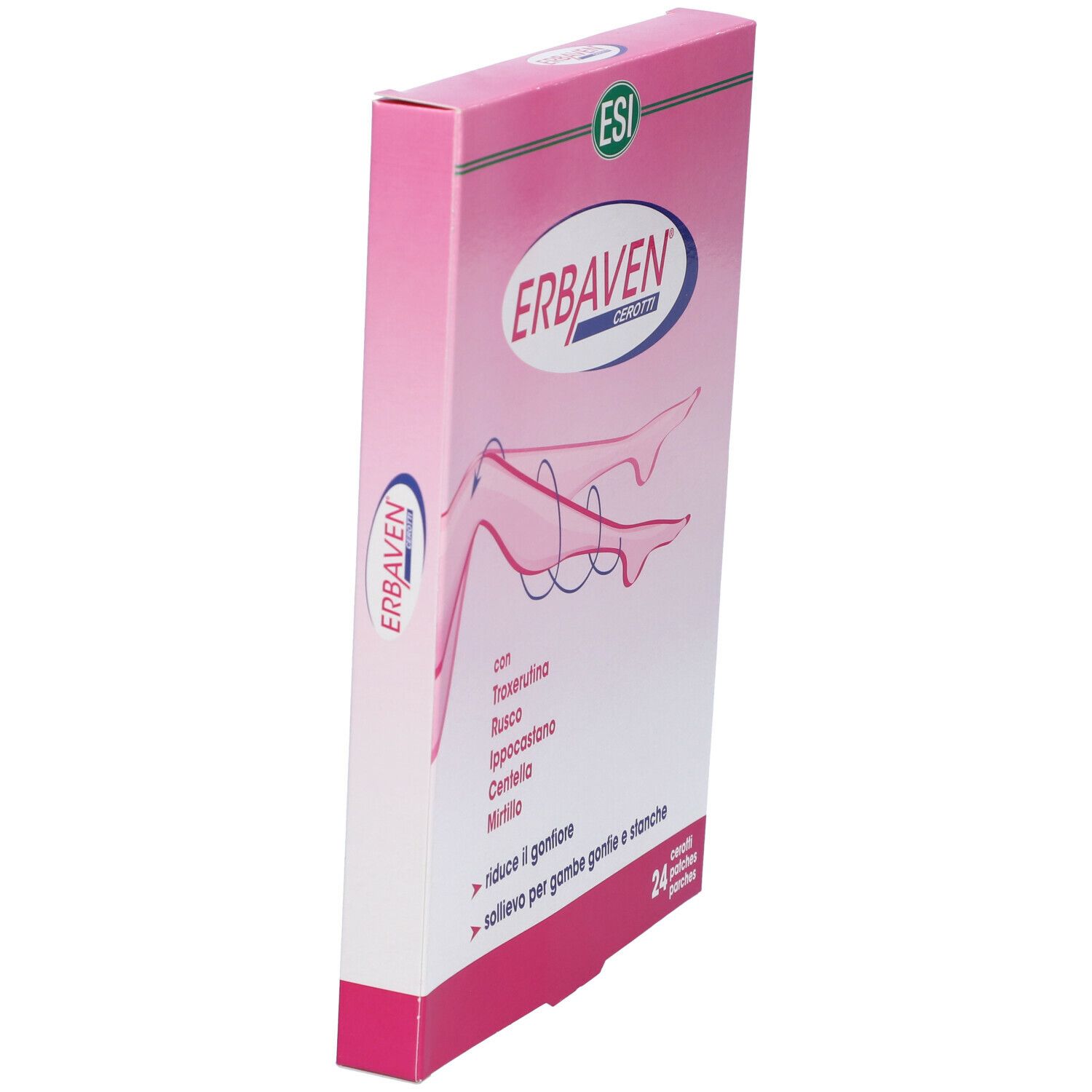 Scatola rosa, vista laterale. Nome prodotto e ingredienti visibili. 24 cerotti.