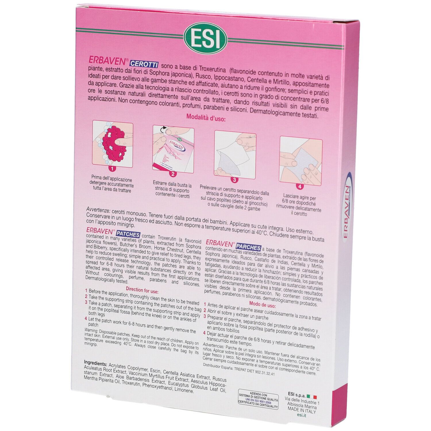 Retro della scatola rosa. Testo con ingredienti, istruzioni per l'uso e avvertenze. Dermatologicamente testato.