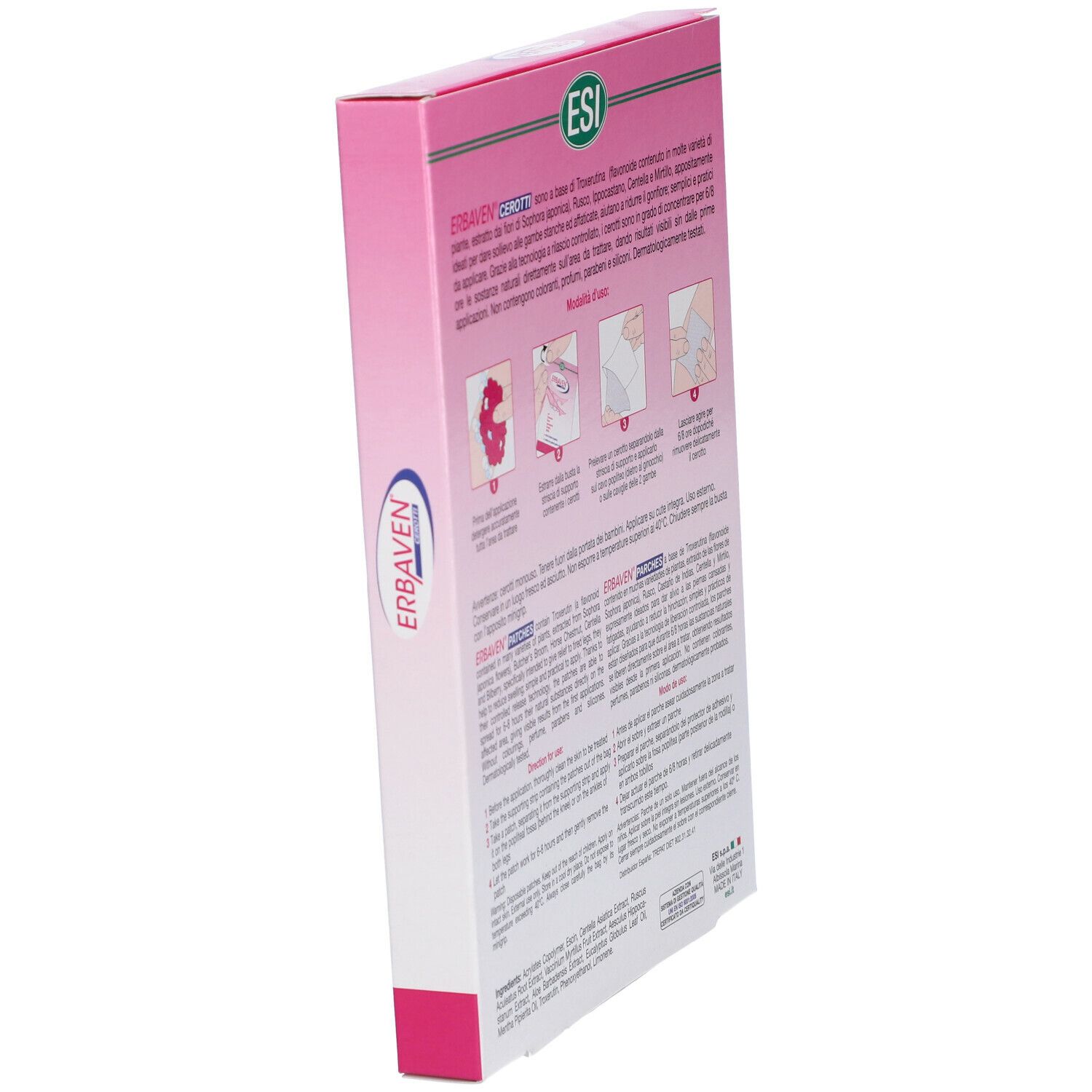 Scatola, vista obliqua posteriore. Testo con ingredienti, istruzioni e avvertenze. Dermatologicamente testato.