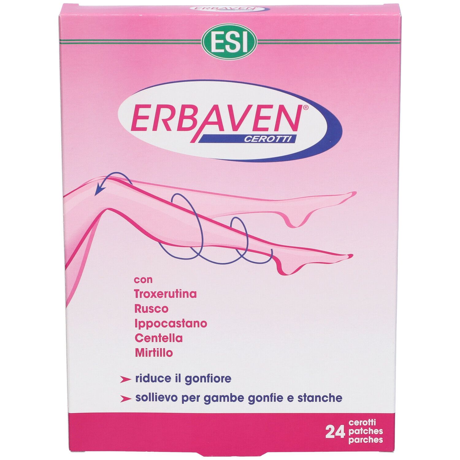 Scatola rosa con nome prodotto e illustrazione gambe. Contiene: Troxerutina, Ippocastano, Mirtillo. 24 cerotti.