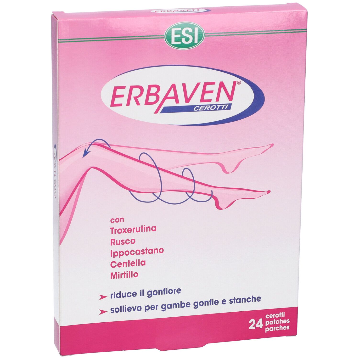 Scatola rosa con nome prodotto e illustrazione gambe. Contiene: Troxerutina, Ippocastano, Mirtillo. 24 cerotti.
