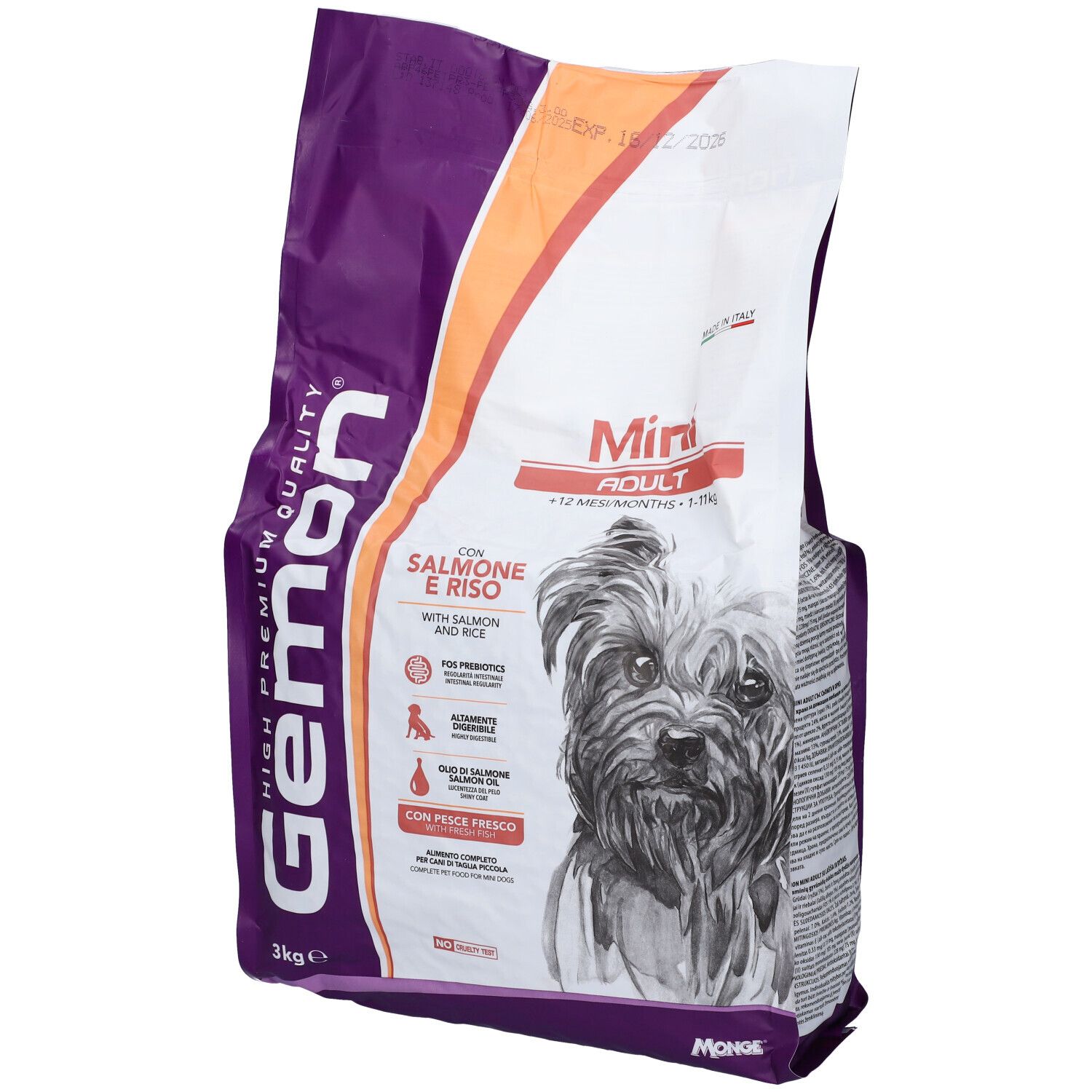 Confezione di cibo per cani Gemon. Scritto Salmone e Riso, Mini Adult. Immagine di un cane.