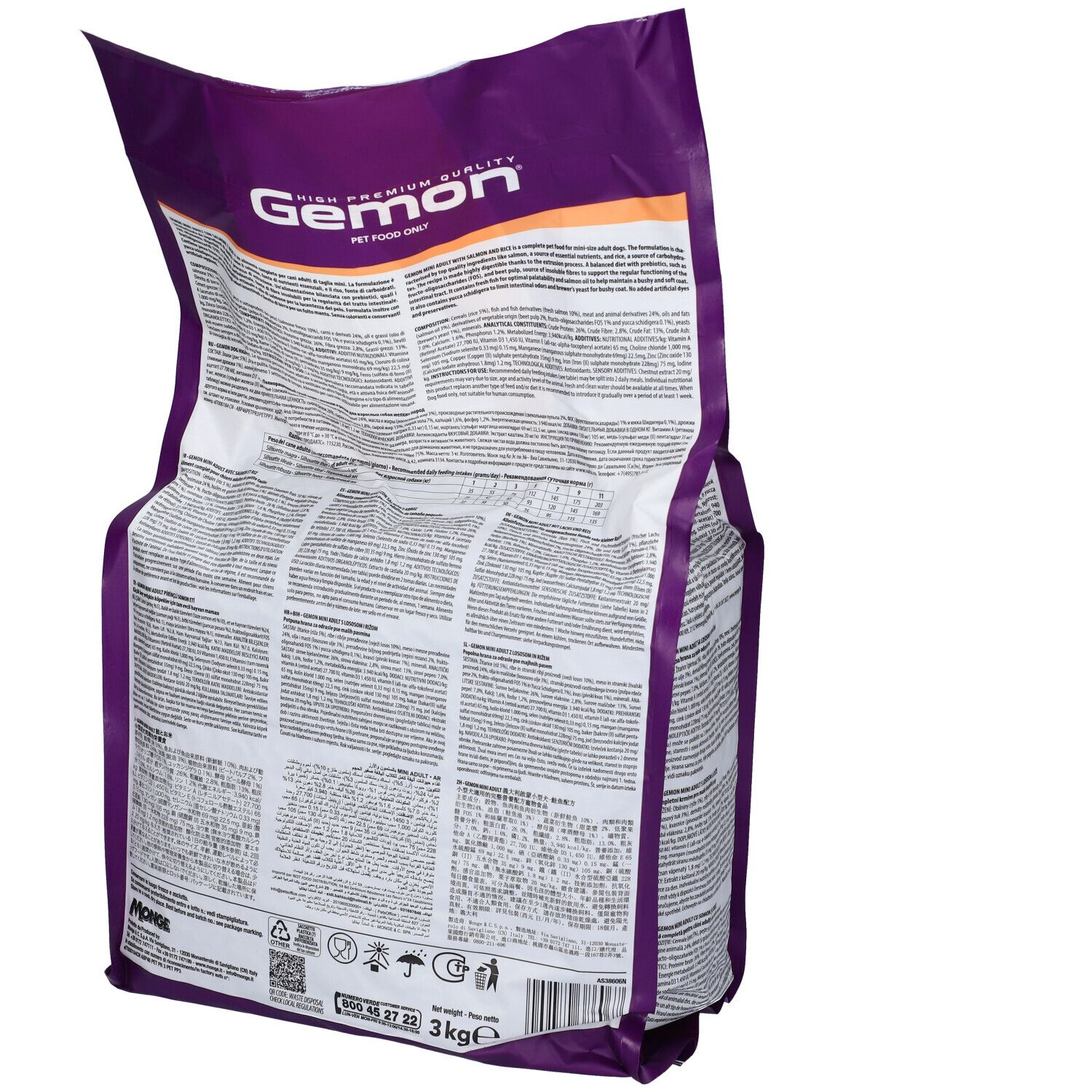 Retro di un sacco di cibo per cani. Testo e loghi. Marchio Gemon.
