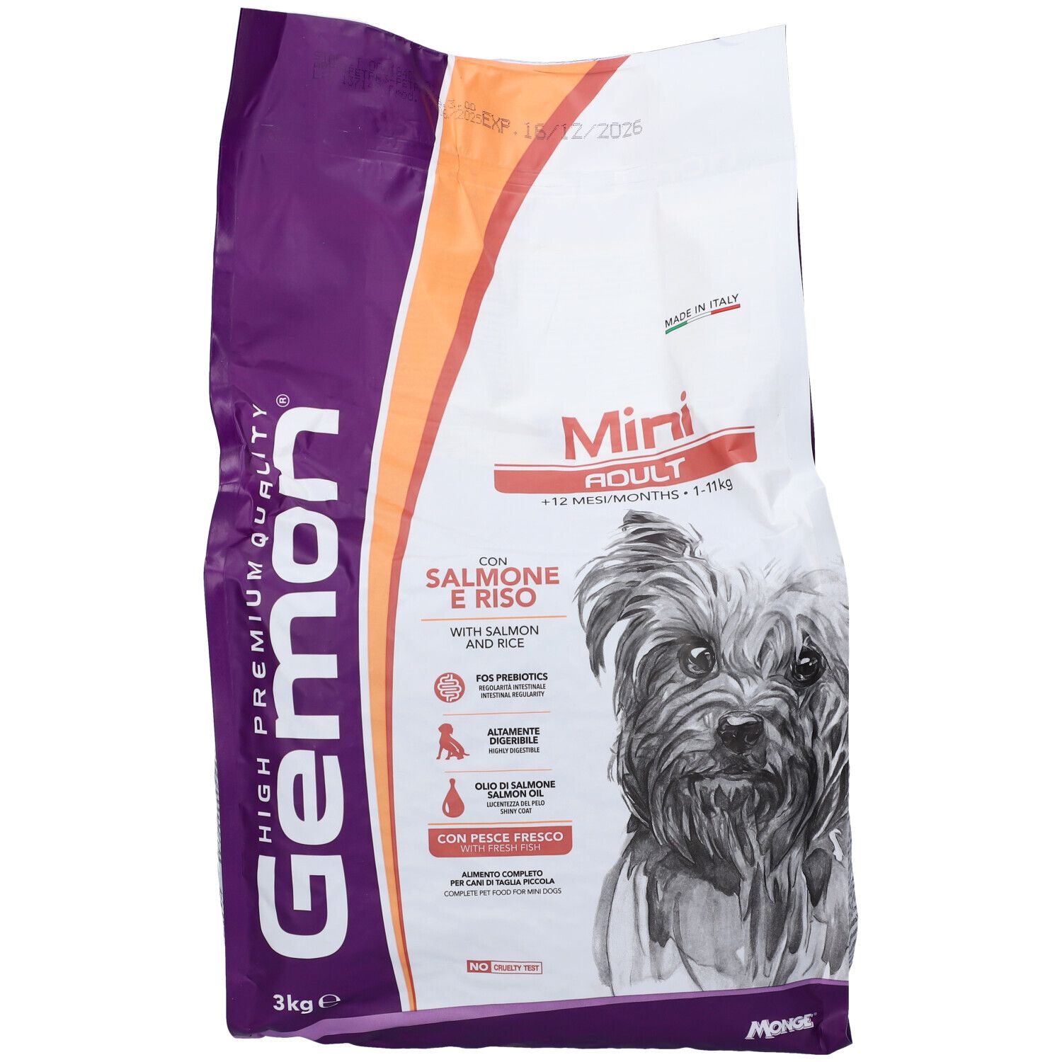 Confezione di cibo per cani Gemon. Scritto Salmone e Riso, Mini Adult. Immagine di un cane.