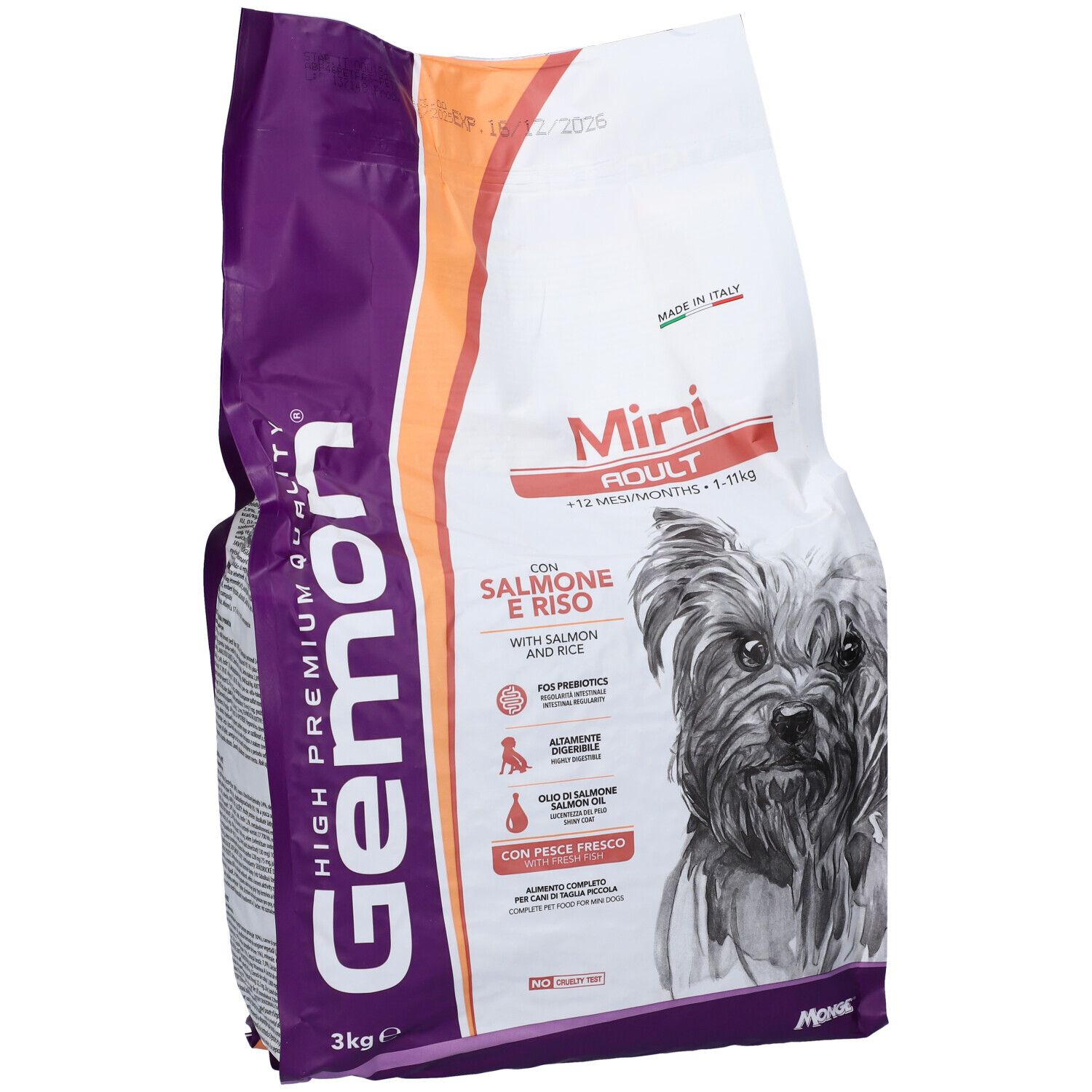 Confezione di cibo per cani Gemon. Scritto Salmone e Riso, Mini Adult. Immagine di un cane.