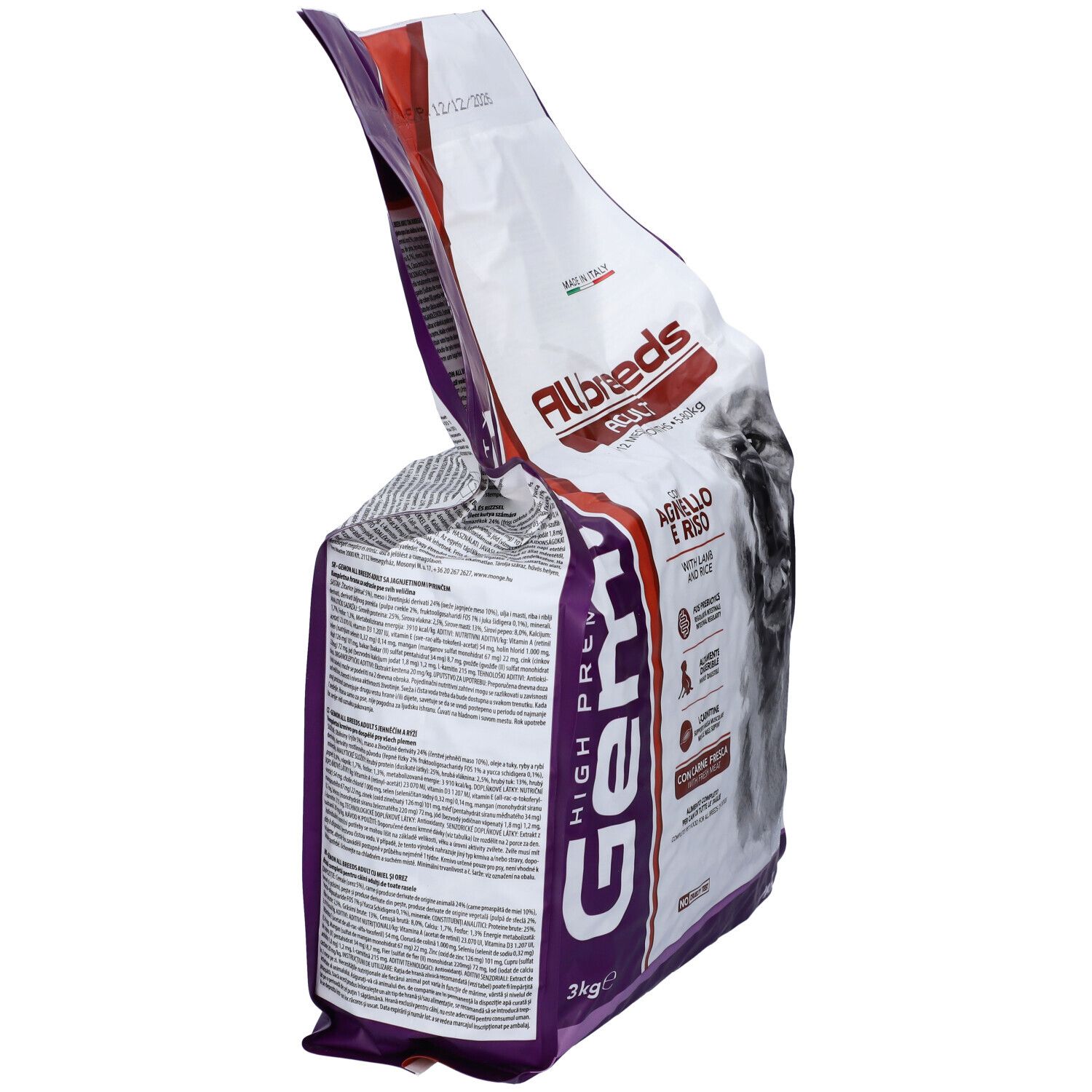 Sacchetto di cibo per cani Gemon, viola e bianco, con informazioni sul prodotto. Contiene agnello e riso. 3 kg.