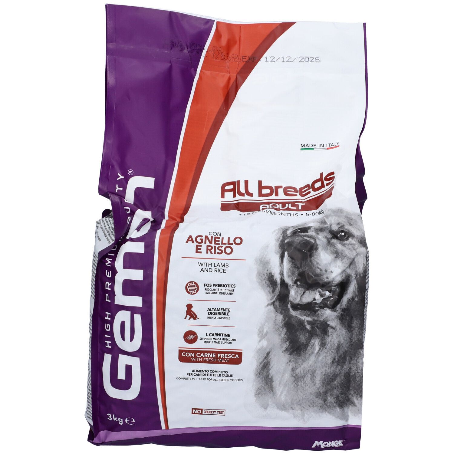 Sacchetto di cibo per cani Gemon, viola e bianco, con informazioni sul prodotto e foto di cane. Contiene agnello e riso. 3 kg.