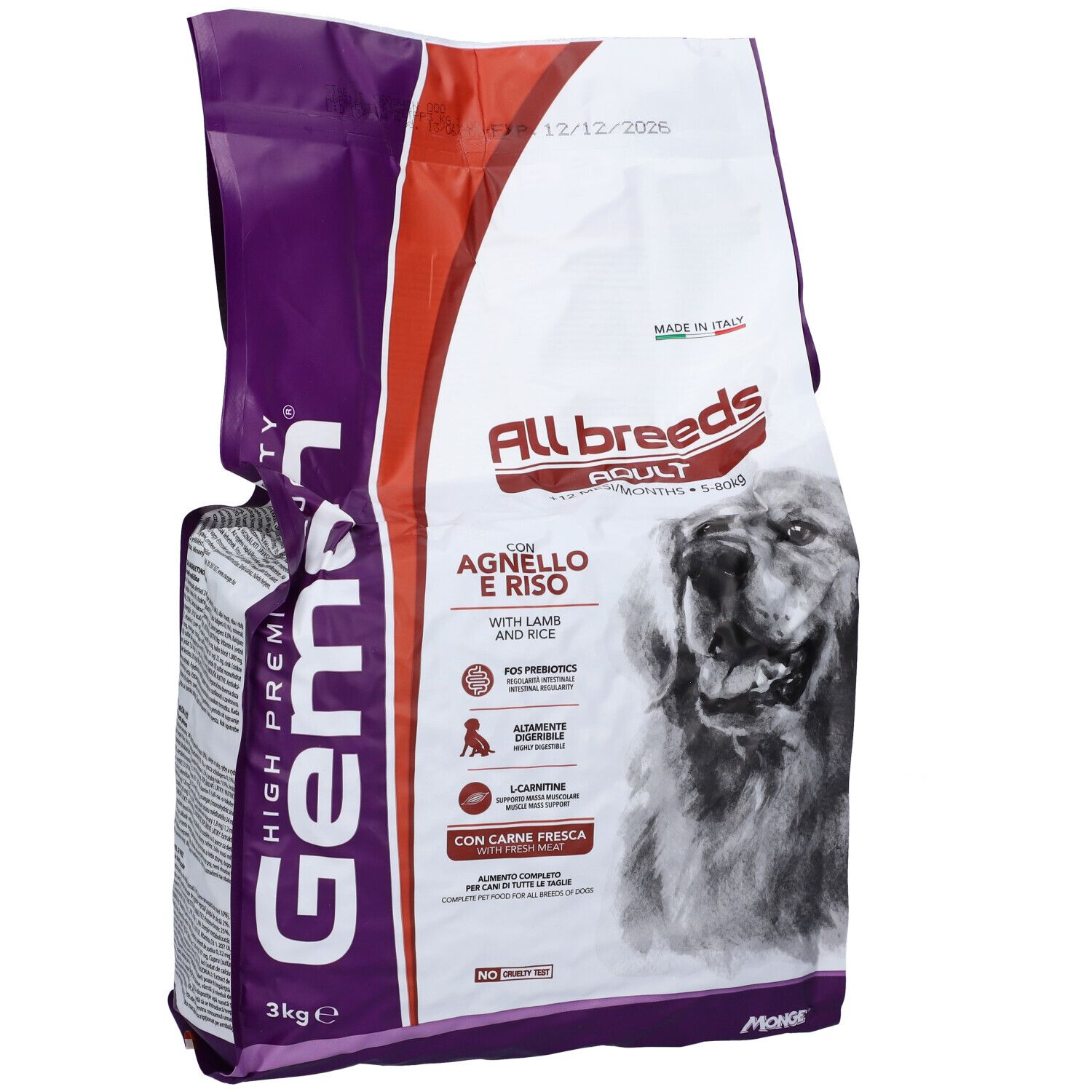 Sacchetto di cibo per cani Gemon, viola e bianco, con informazioni sul prodotto e foto di cane. Contiene agnello e riso. 3 kg.