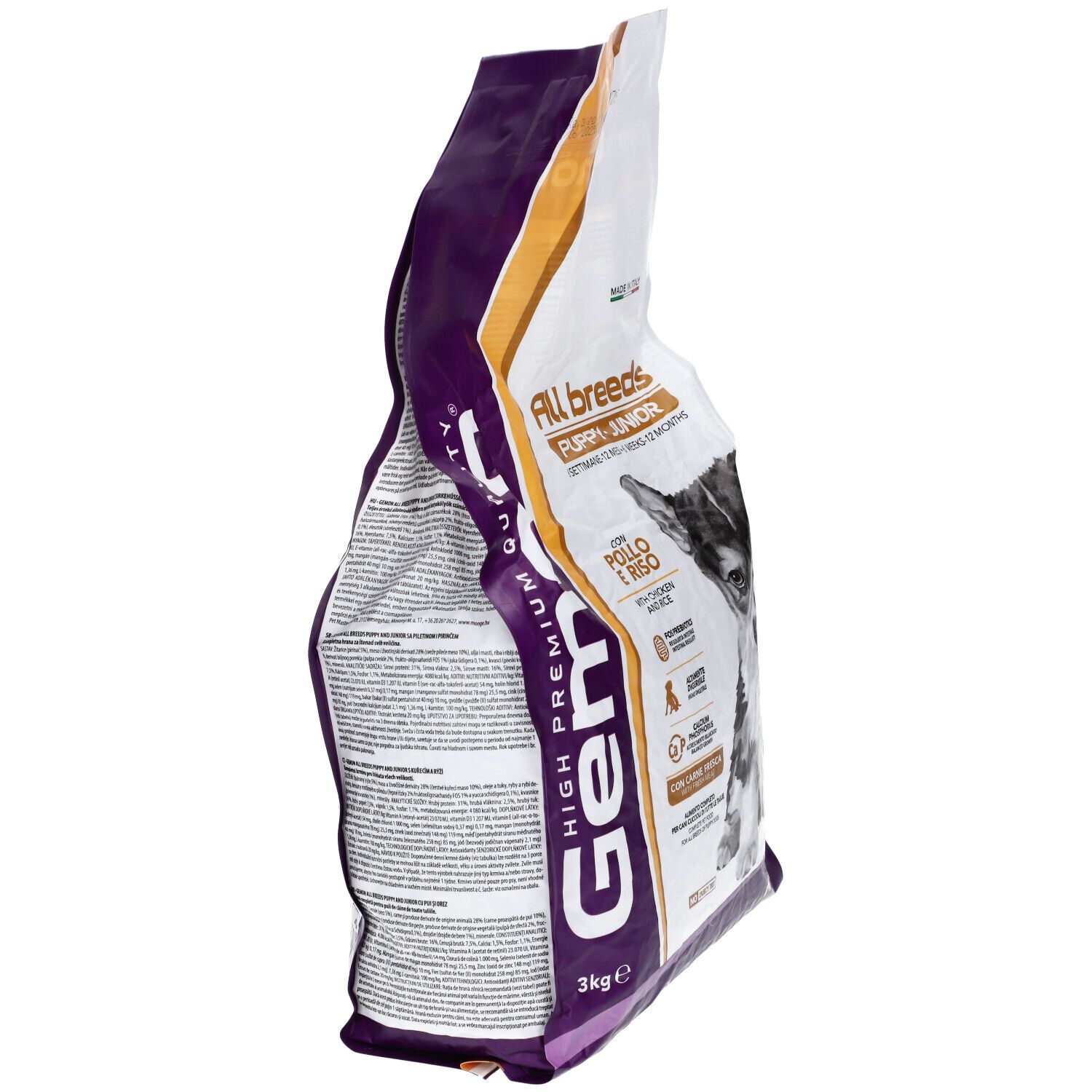 Sacchetto di cibo per cani Gemon, vista laterale. Scritto: All breeds Puppy-Junior. Con pollo e riso. 3kg.