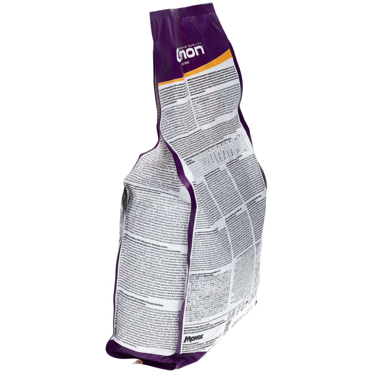 Vista laterale del sacchetto di cibo per cani Gemon. Informazioni testuali e nutrizionali. 3kg.