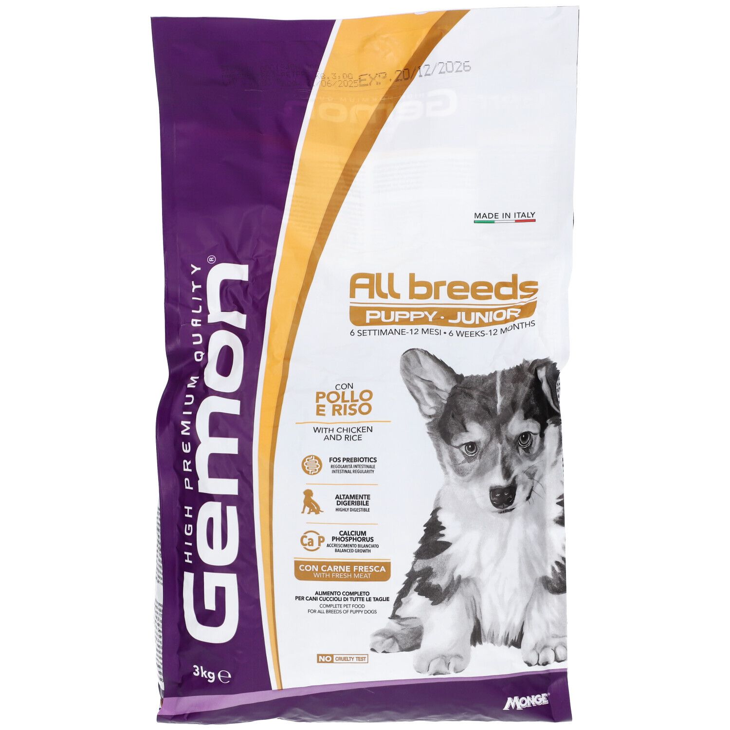Sacchetto di cibo per cani Gemon. Scritto: All breeds Puppy-Junior. Con pollo e riso. 3kg.
