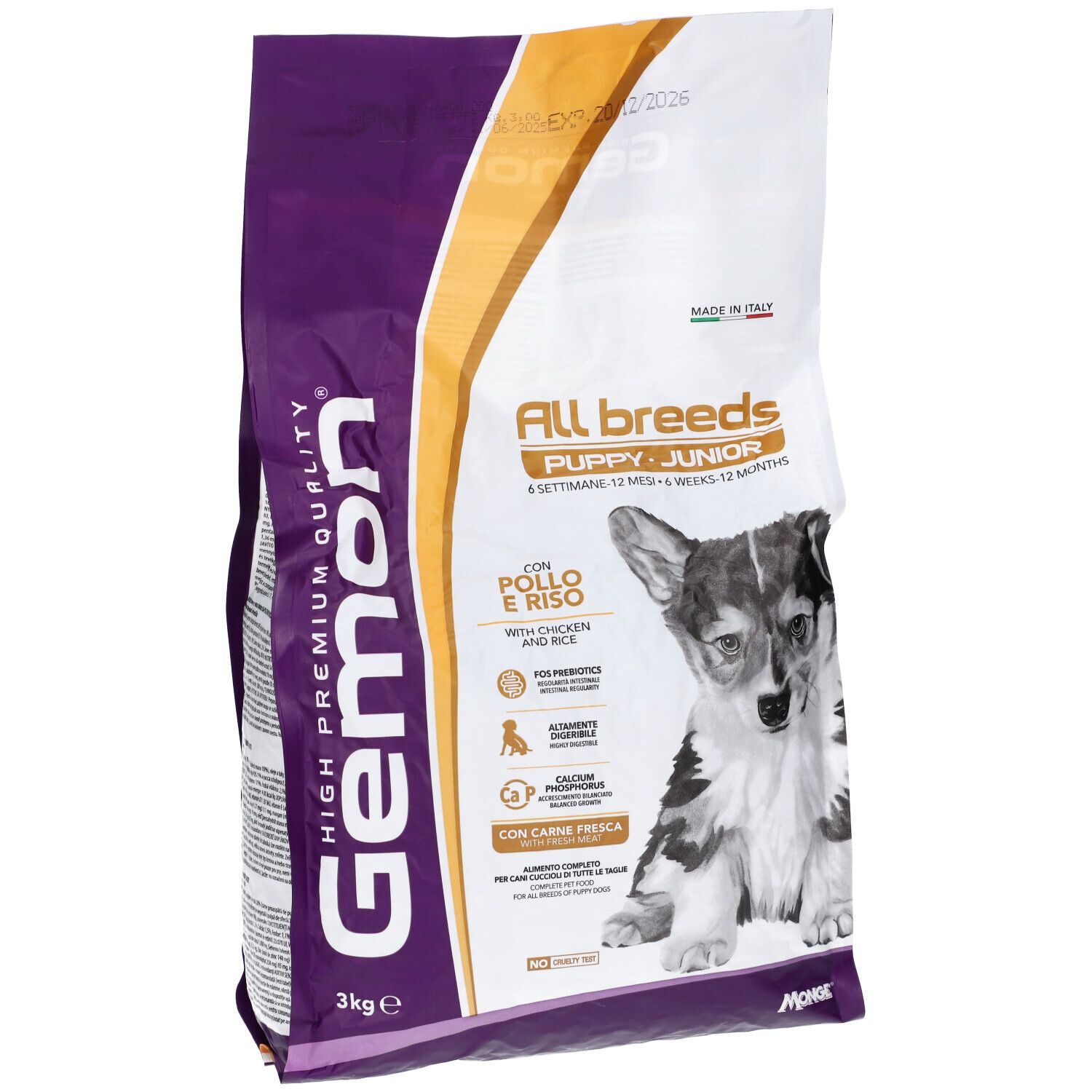 Sacchetto di cibo per cani Gemon. Scritto: All breeds Puppy-Junior. Con pollo e riso. 3kg.