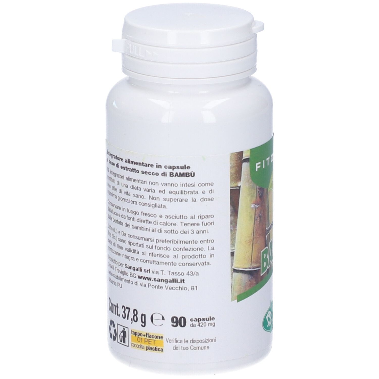 Flacone bianco con fascia verde e testo. Scritta: Fitoattivi Bambú, 90 capsule. Logo Sangalli.