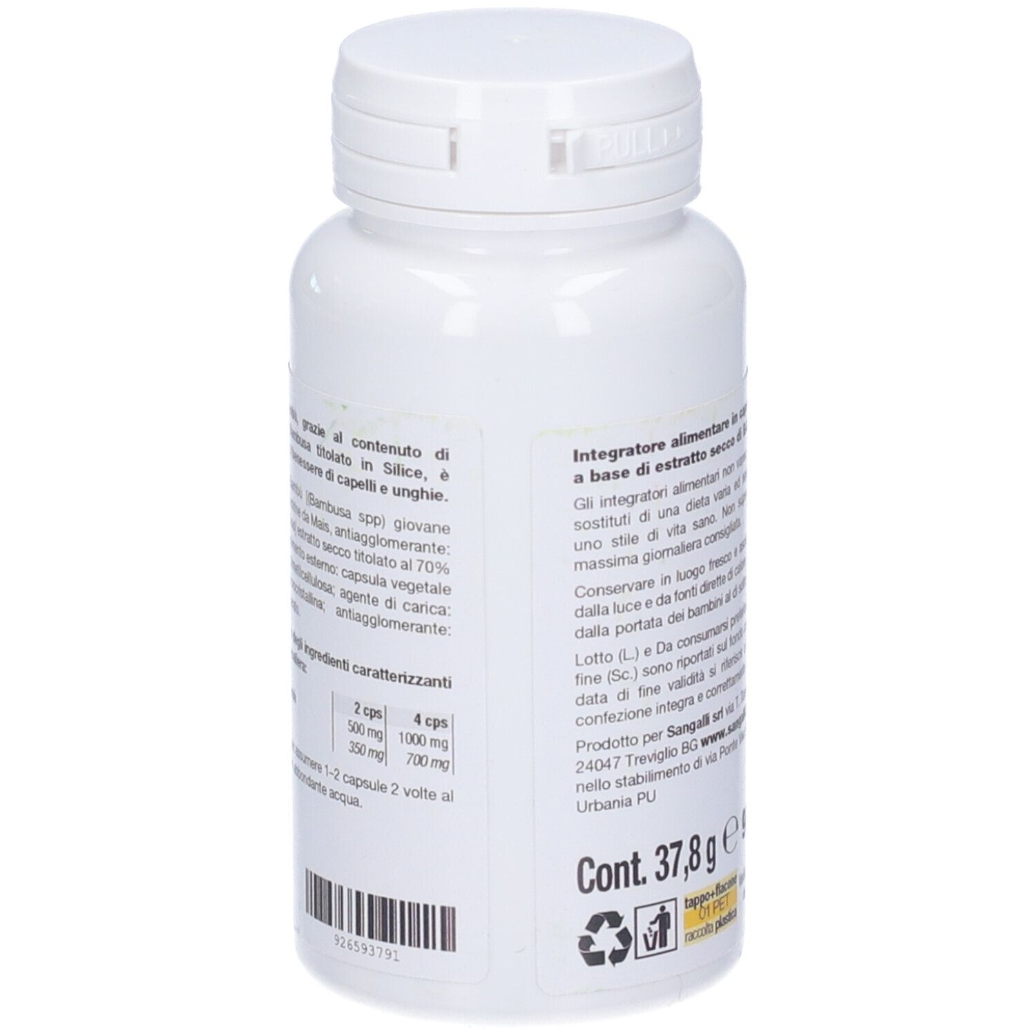 Flacone bianco con testo. Scritta: Cont. 37,8 g, 90 capsule da 420 mg. Simboli di riciclaggio.