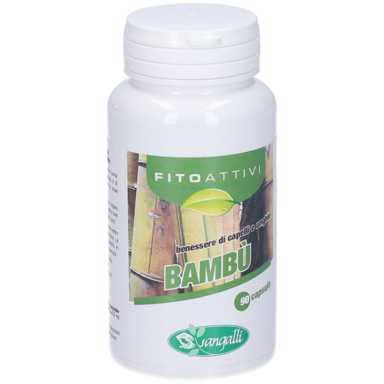 Flacone bianco con fascia verde. Scritta: Fitoattivi Bambú, 90 capsule. Logo Sangalli.