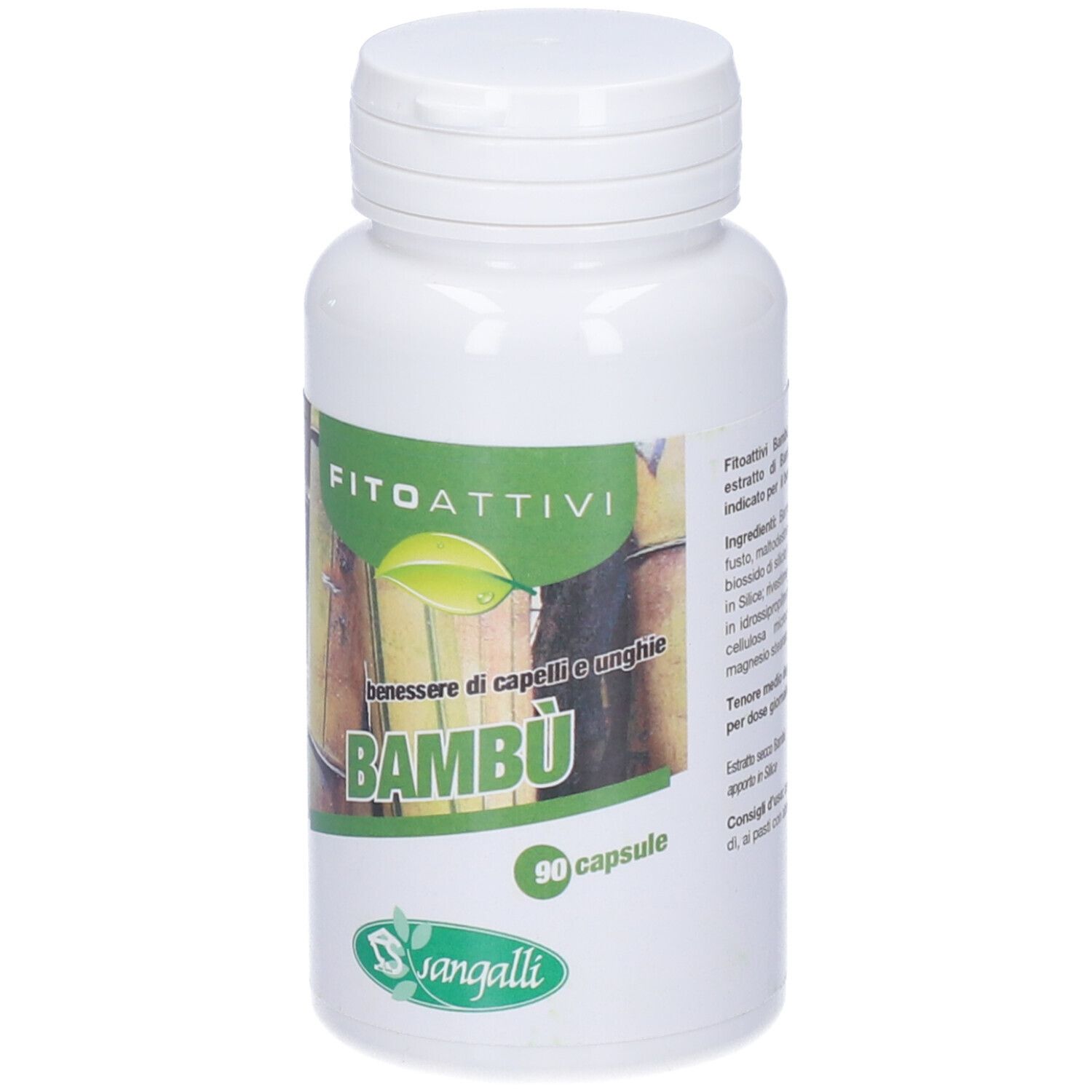 Flacone bianco con fascia verde. Scritta: Fitoattivi Bambú, 90 capsule. Logo Sangalli.