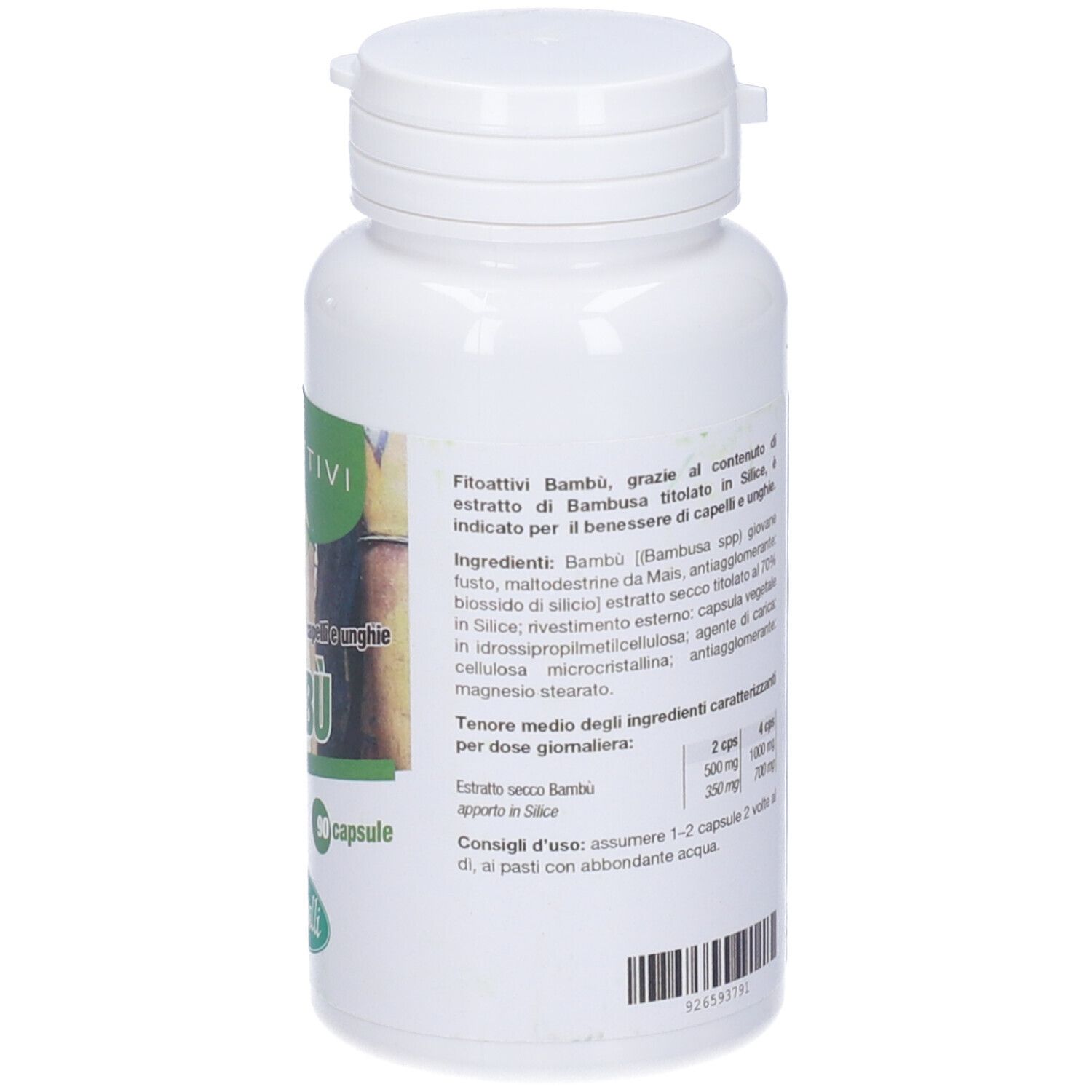 Flacone bianco con testo. Scritta: Fitoattivi Bambú, 90 capsule. Ingredienti e dosaggio.