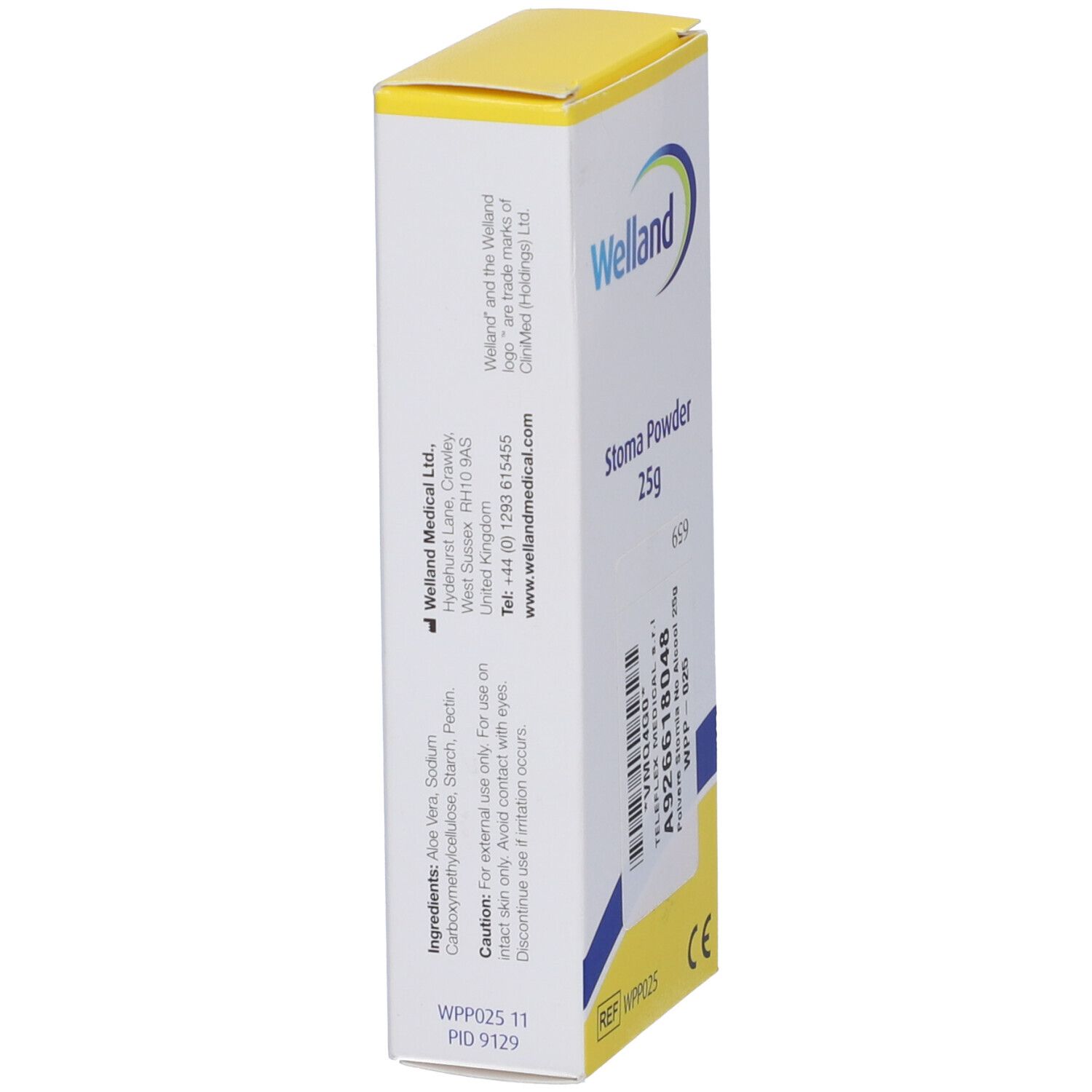 Polvere per stomia Welland 25g. Scatola bianca e gialla. Ingredienti e informazioni prodotto.