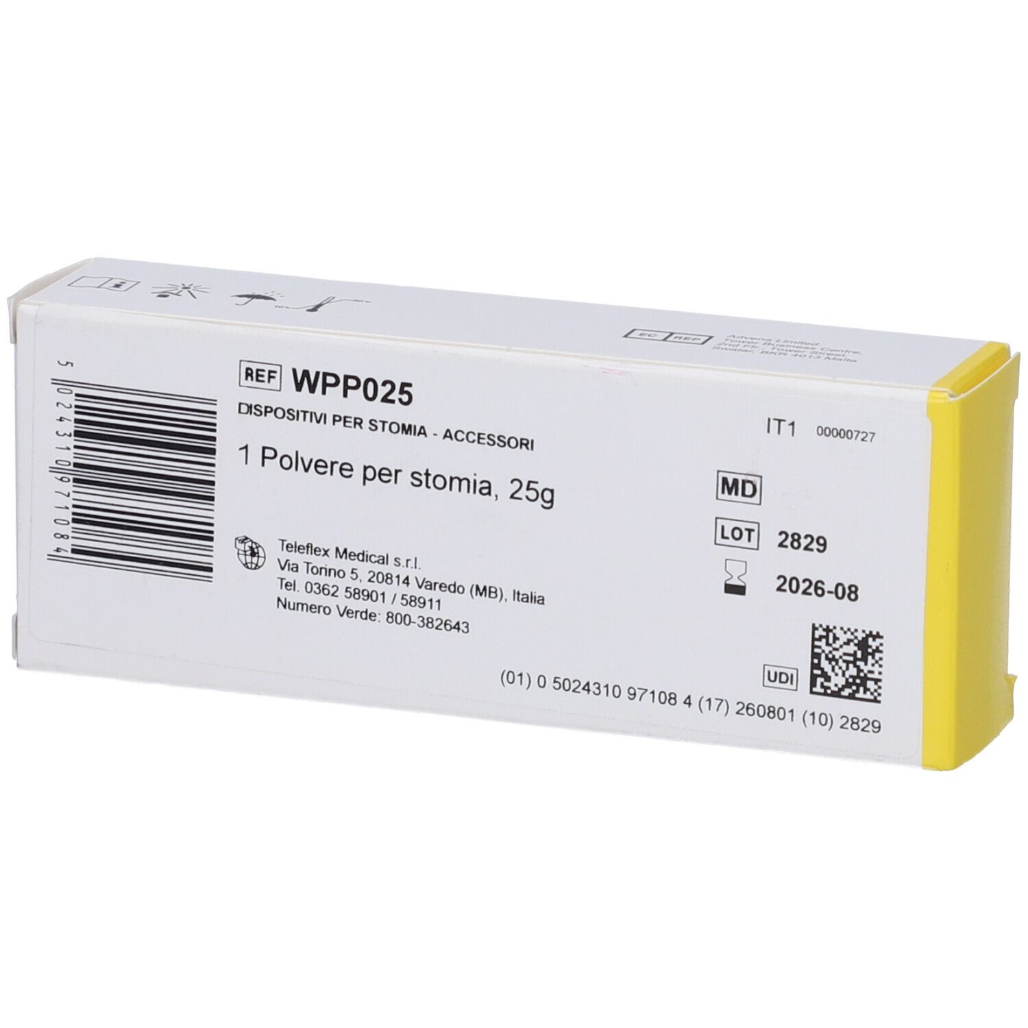 Scatola con 1 polvere per stomia, 25g. Bianca e gialla. Informazioni produttore e numero di lotto.