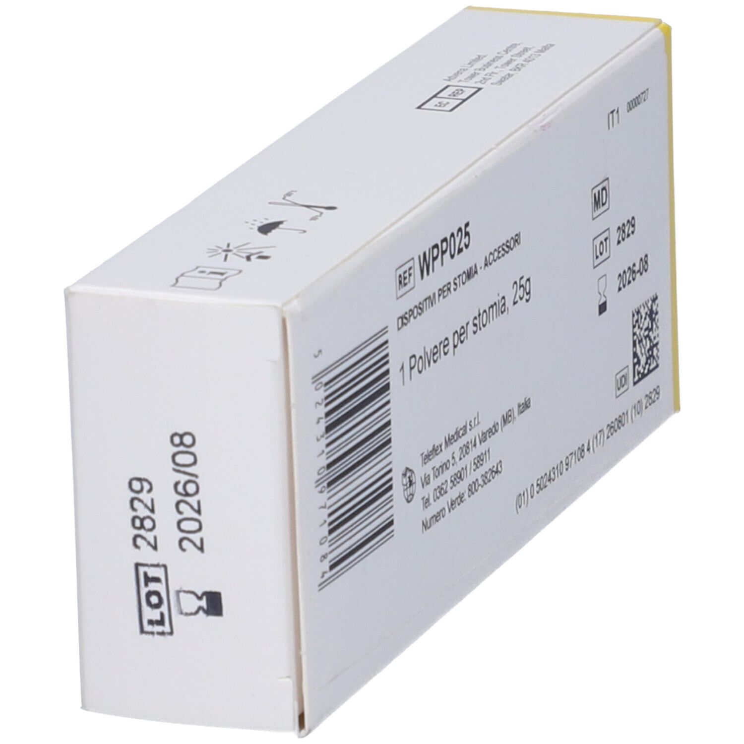 Scatola con 1 polvere per stomia, 25g. Bianca e gialla. Numero di lotto e data di scadenza.