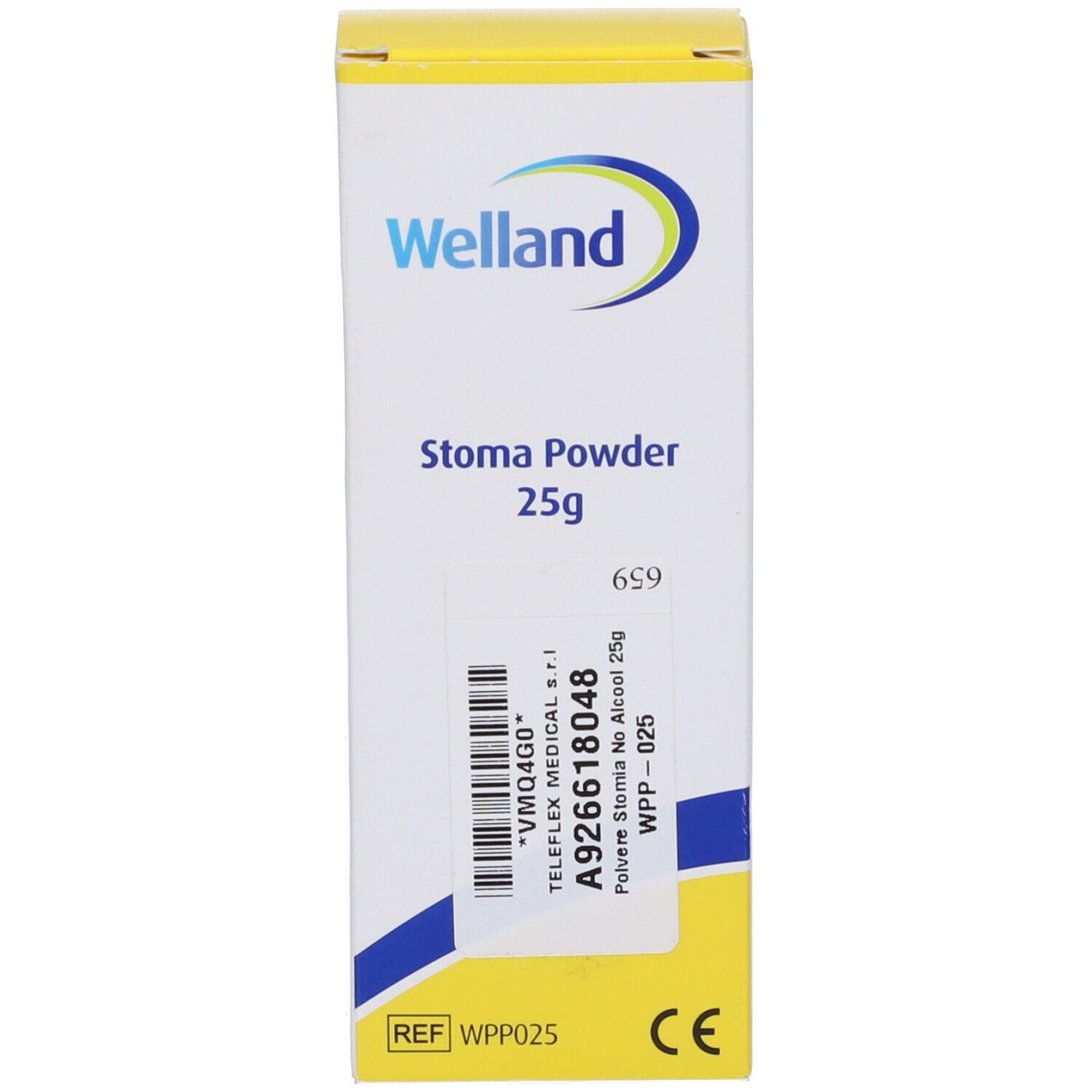 Polvere per stomia Welland 25g. Scatola bianca e gialla. Logo Welland. Informazioni prodotto e codice a barre.