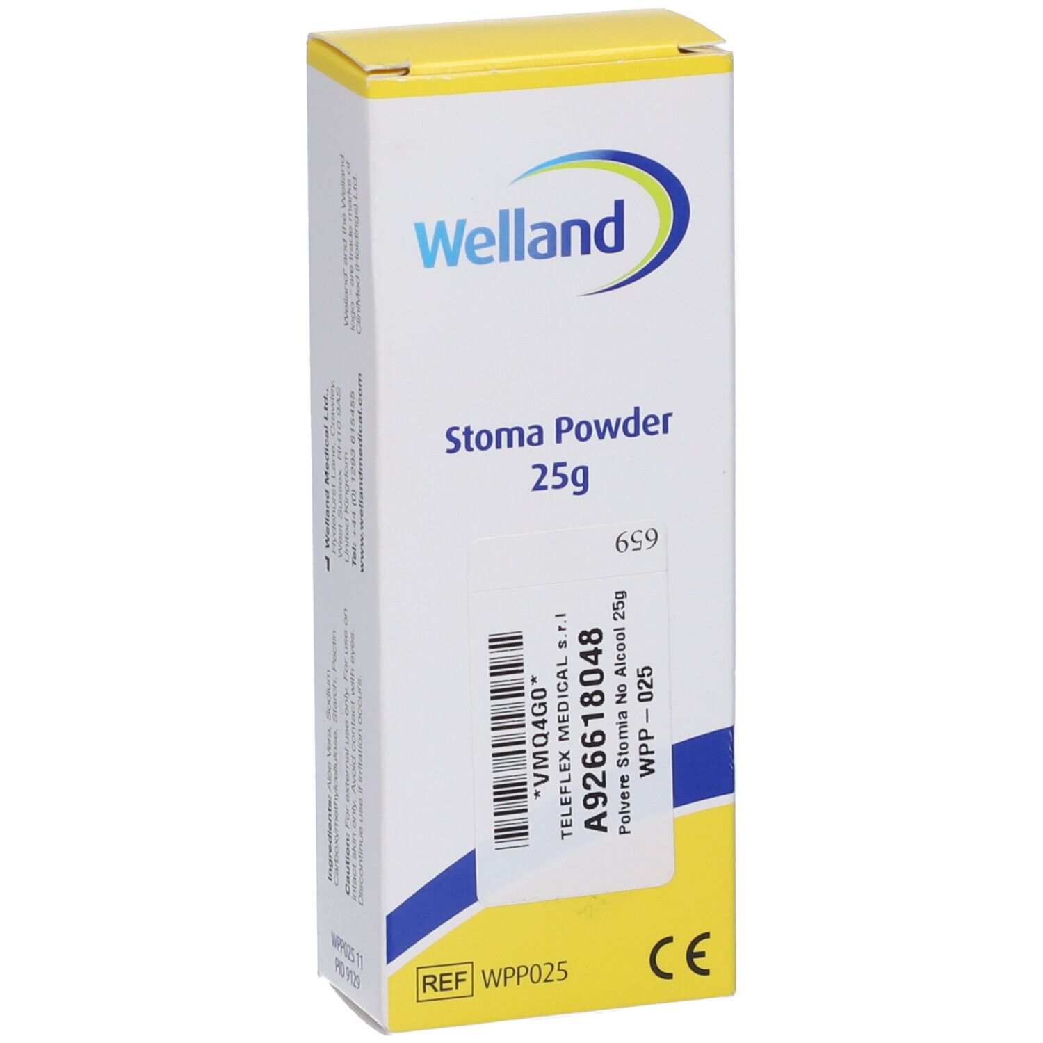 Polvere per stomia Welland 25g. Scatola bianca e gialla. Logo Welland. Informazioni prodotto e codice a barre.