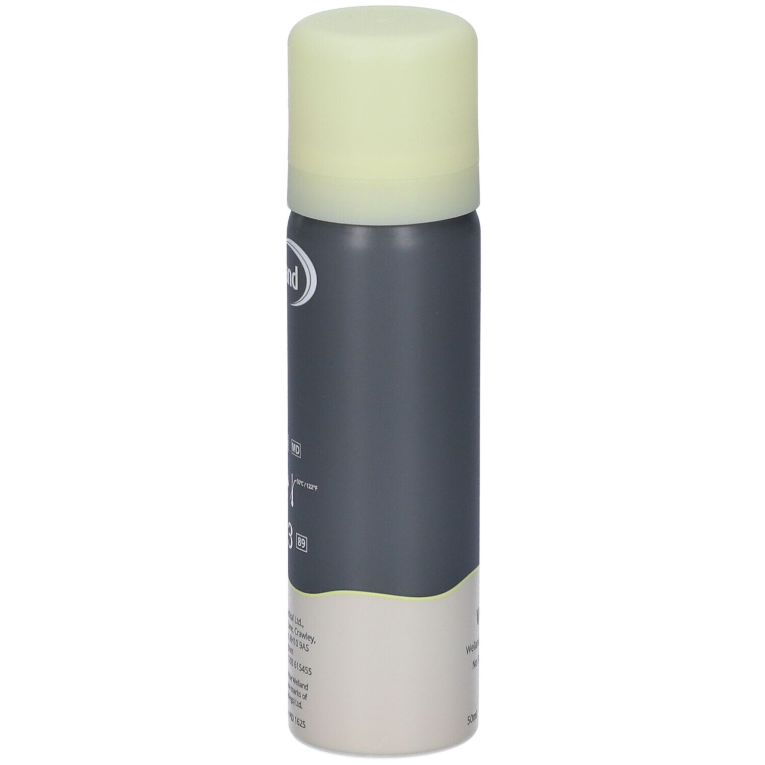 Flacone spray grigio con tappo verde chiaro. Scritta: Welland. Informazioni sul prodotto sul lato.