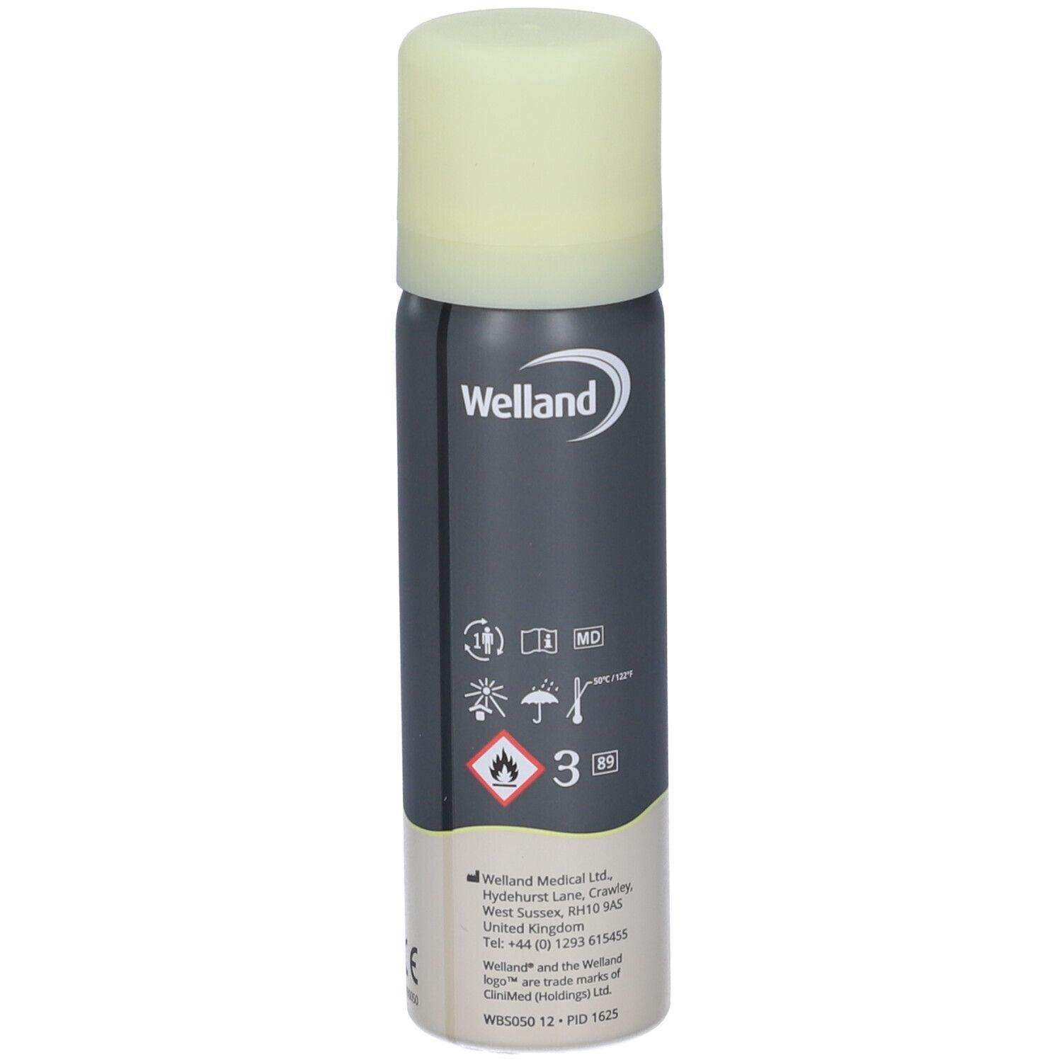 Flacone spray grigio con tappo verde chiaro. Scritta: Welland. Pittogrammi e marchio CE.